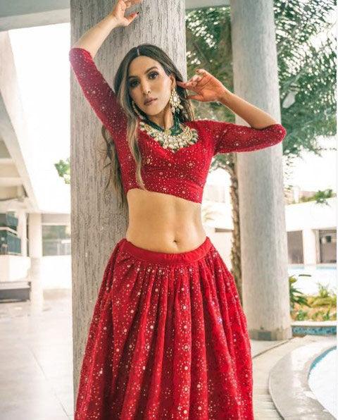 Women's Red Lehenga Styled With Sequince And Thread Embroidery Work - Odette