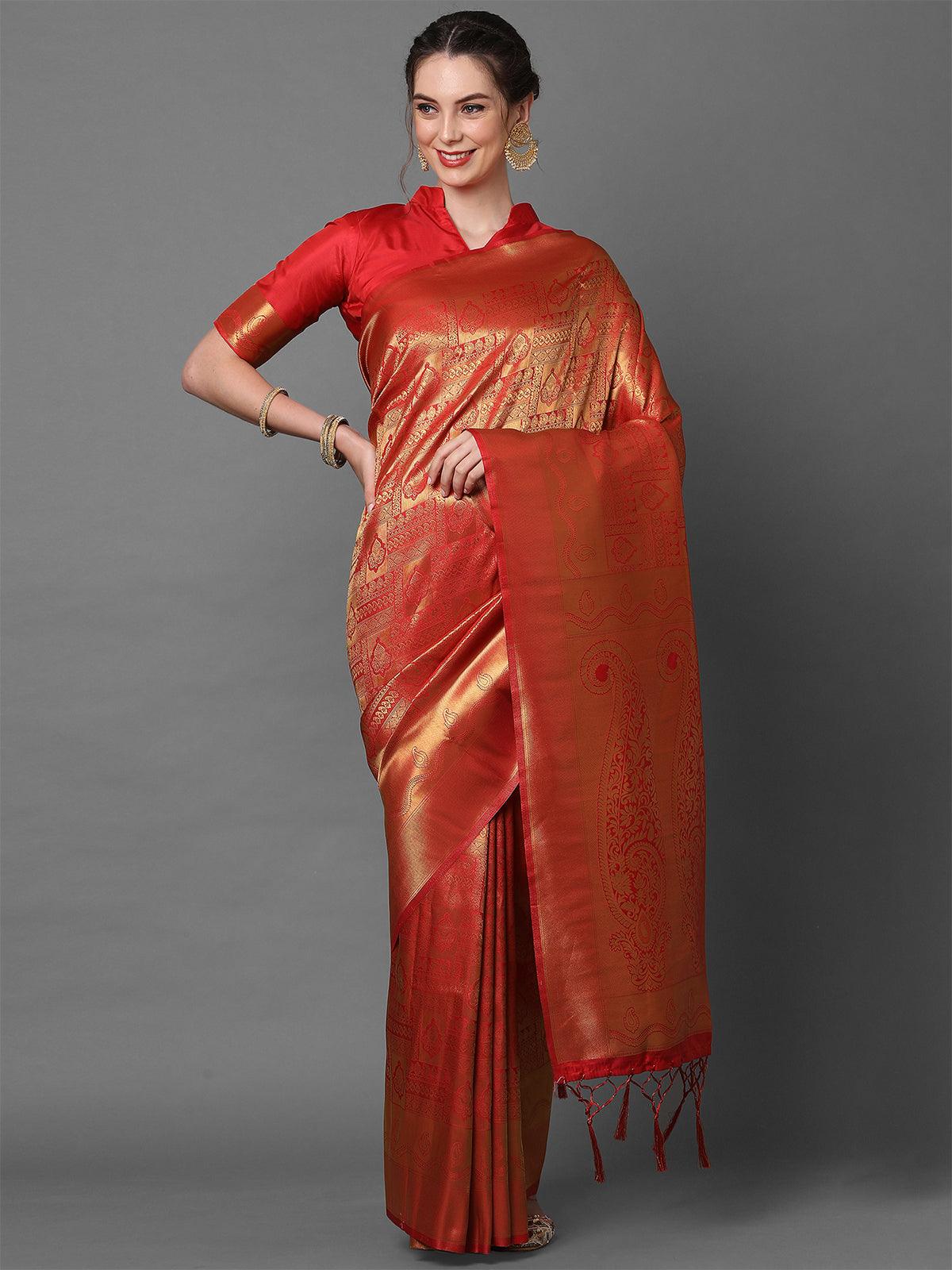Women's Red Party Wear Kanjivaram Silk Woven Design Saree With Unstitched Blouse - Odette