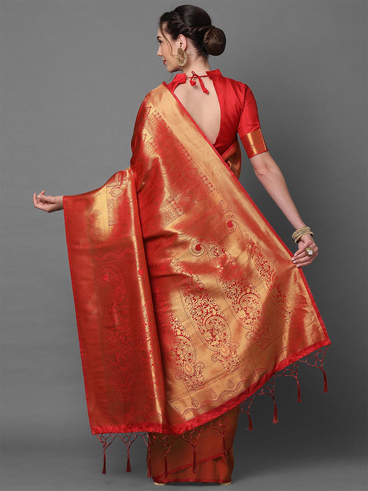 Women's Red Party Wear Kanjivaram Silk Woven Design Saree With Unstitched Blouse - Odette
