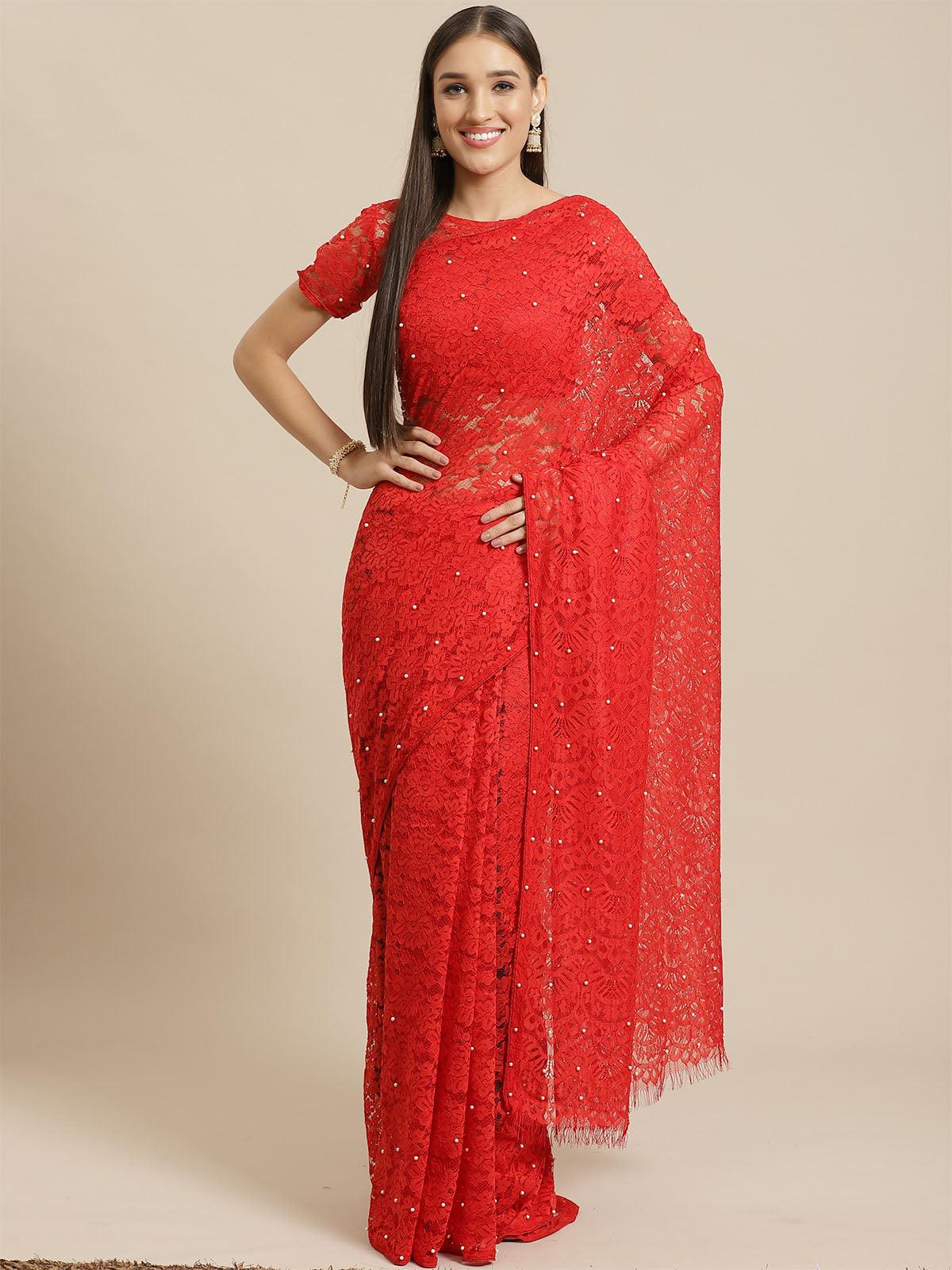 Women's Red Party Wear Net(Super Net) Solid Saree With Unstitched Blouse - Odette