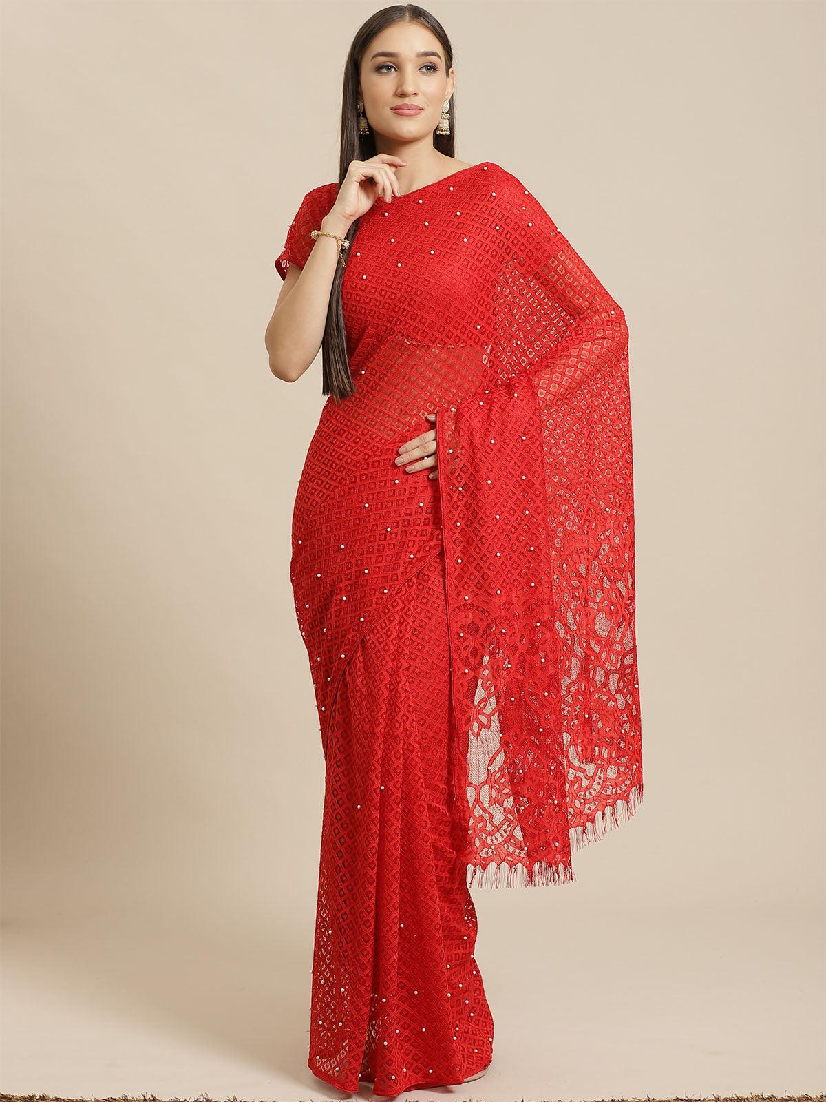 Women's Red Party Wear Net(Super Net) Solid Saree With Unstitched Blouse - Odette