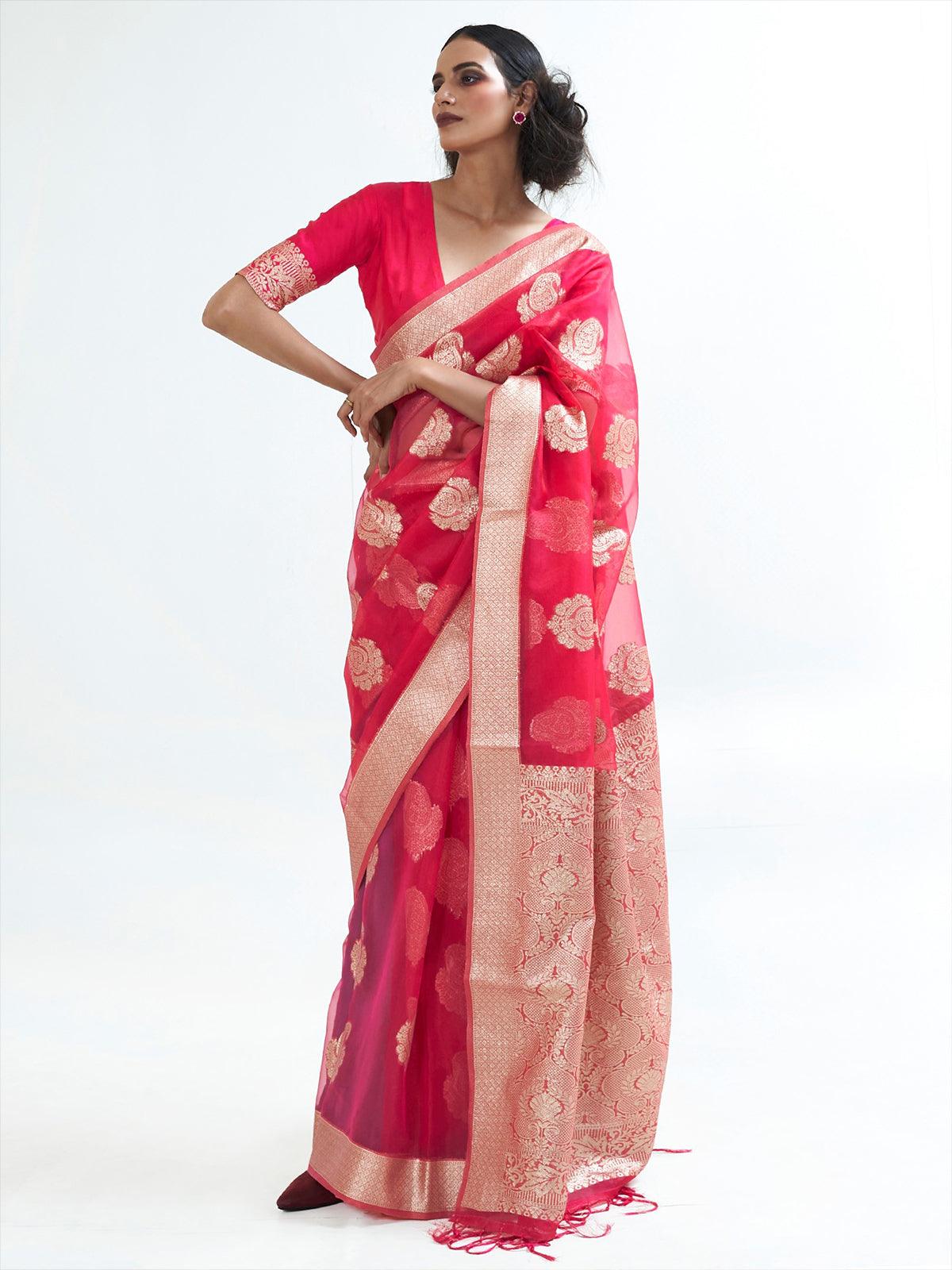 Women's Red Party Wear Organza Woven Design Saree With Unstitched Blouse - Odette