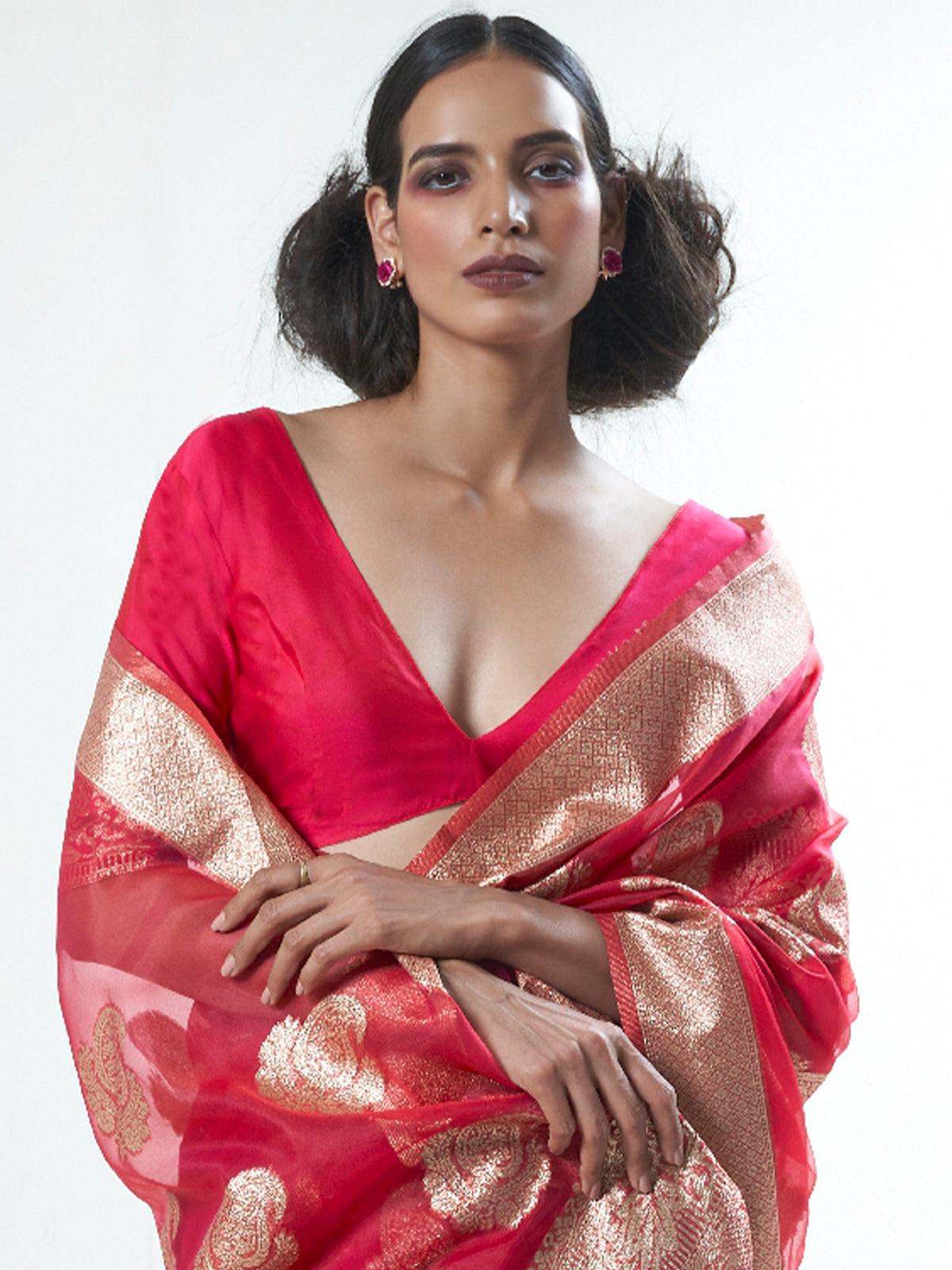 Women's Red Party Wear Organza Woven Design Saree With Unstitched Blouse - Odette