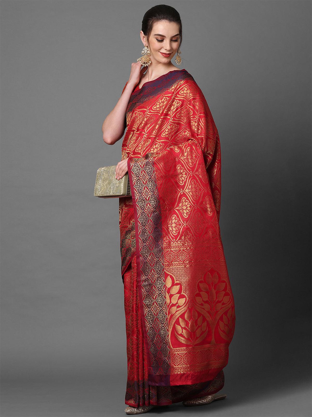 Women's Red Party Wear Pure Satin Woven Design Saree With Unstitched Blouse - Odette