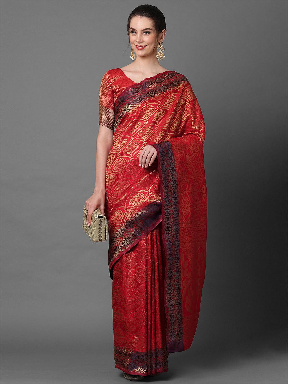 Women's Red Party Wear Pure Satin Woven Design Saree With Unstitched Blouse - Odette