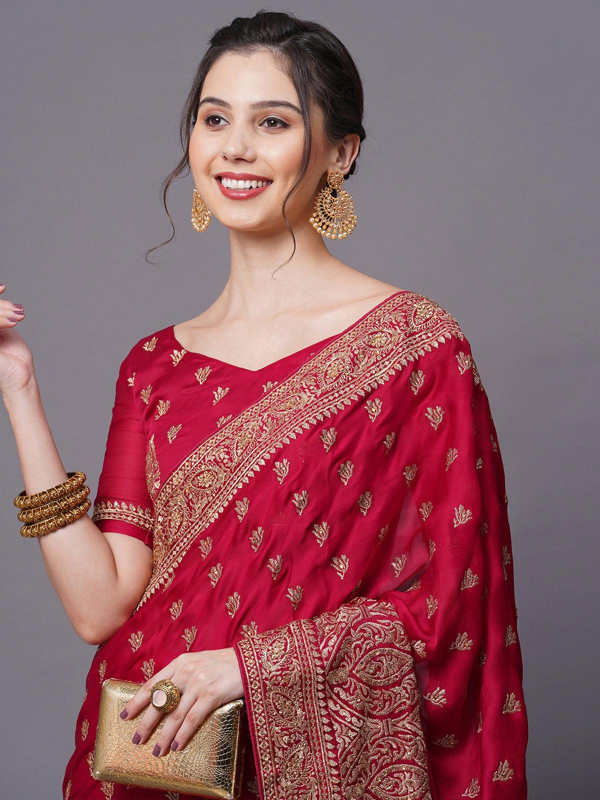 Women's Red Party Wear Satin Chiffon Embellished Saree With Unstitched Blouse - Odette