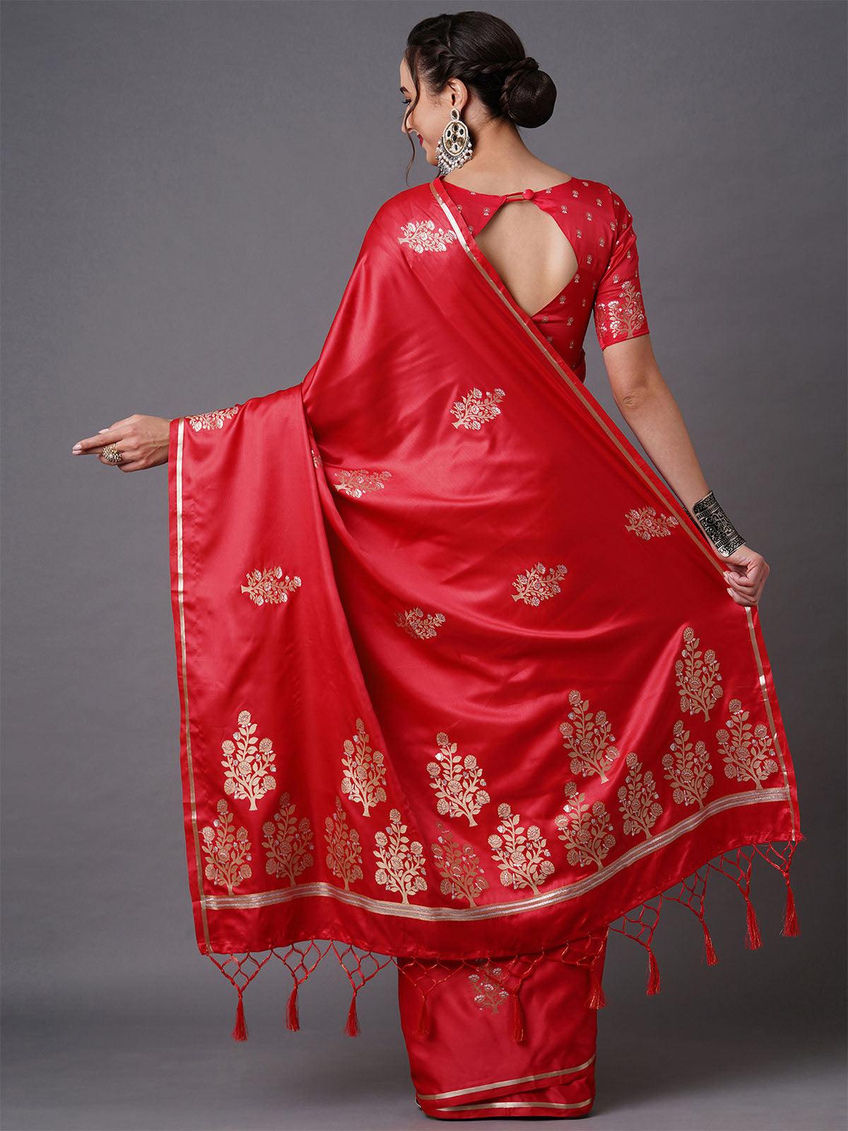 Women's Red Party Wear Silk Blend Woven Design Saree With Unstitched Blouse - Odette
