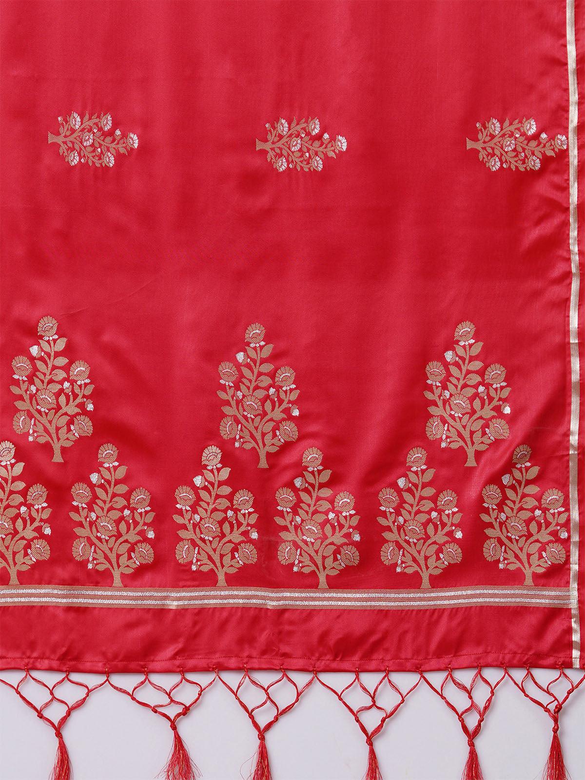 Women's Red Party Wear Silk Blend Woven Design Saree With Unstitched Blouse - Odette