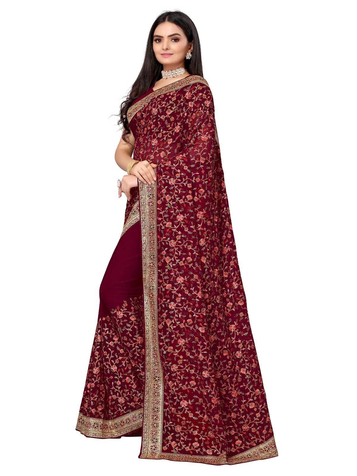 Women's Red Poly Georgette Embroidered Saree With Blouse - Odette
