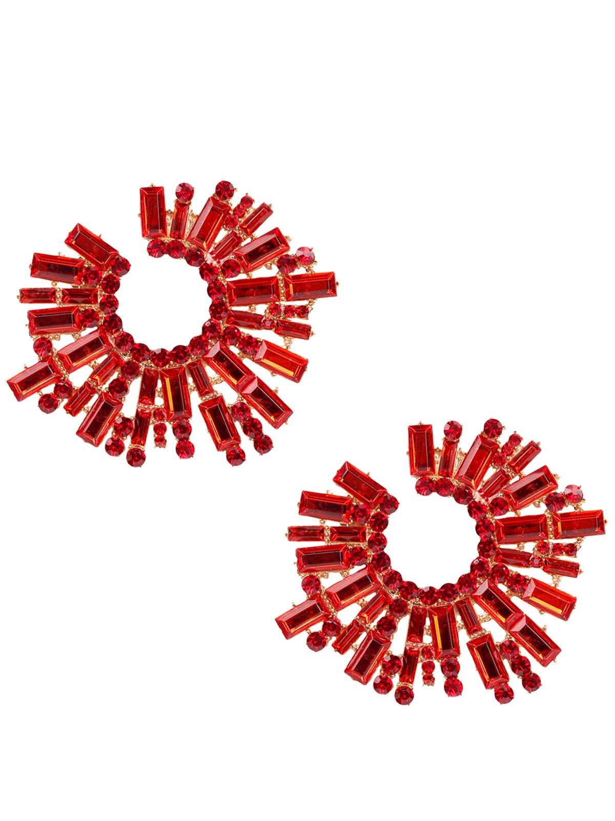 Women's Red Rounded Crystal Statement Earrings - Odette