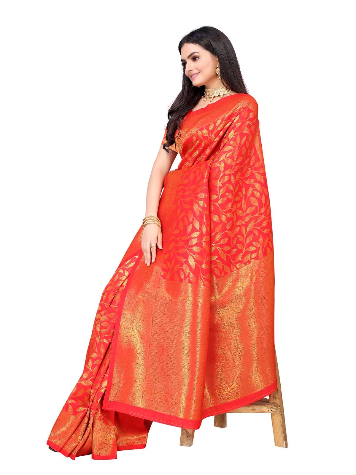 Women's Red Silk Blend Woven Saree With Blouse - Odette