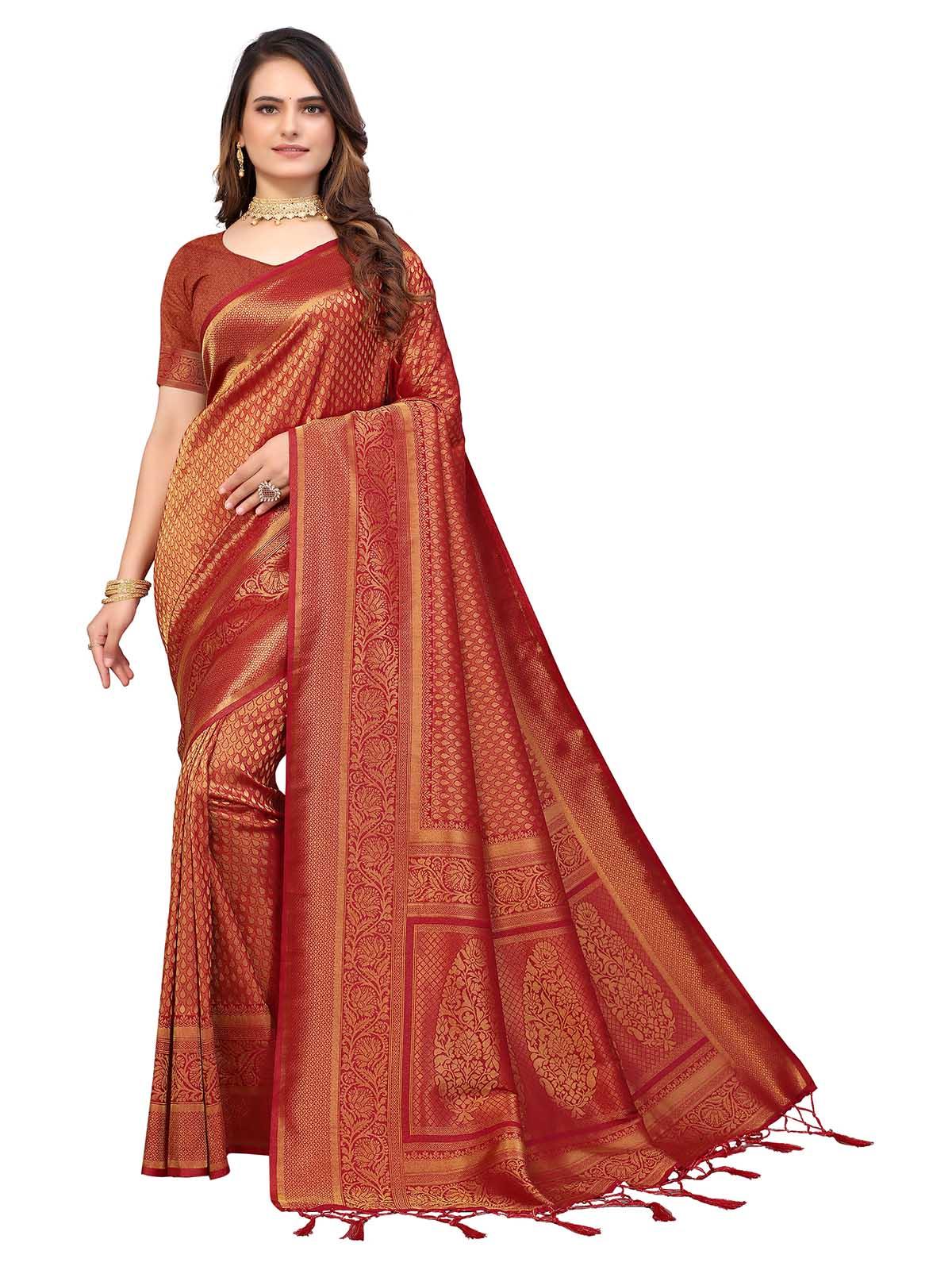 Women's Red Silk Blend Woven Saree With Blouse - Odette