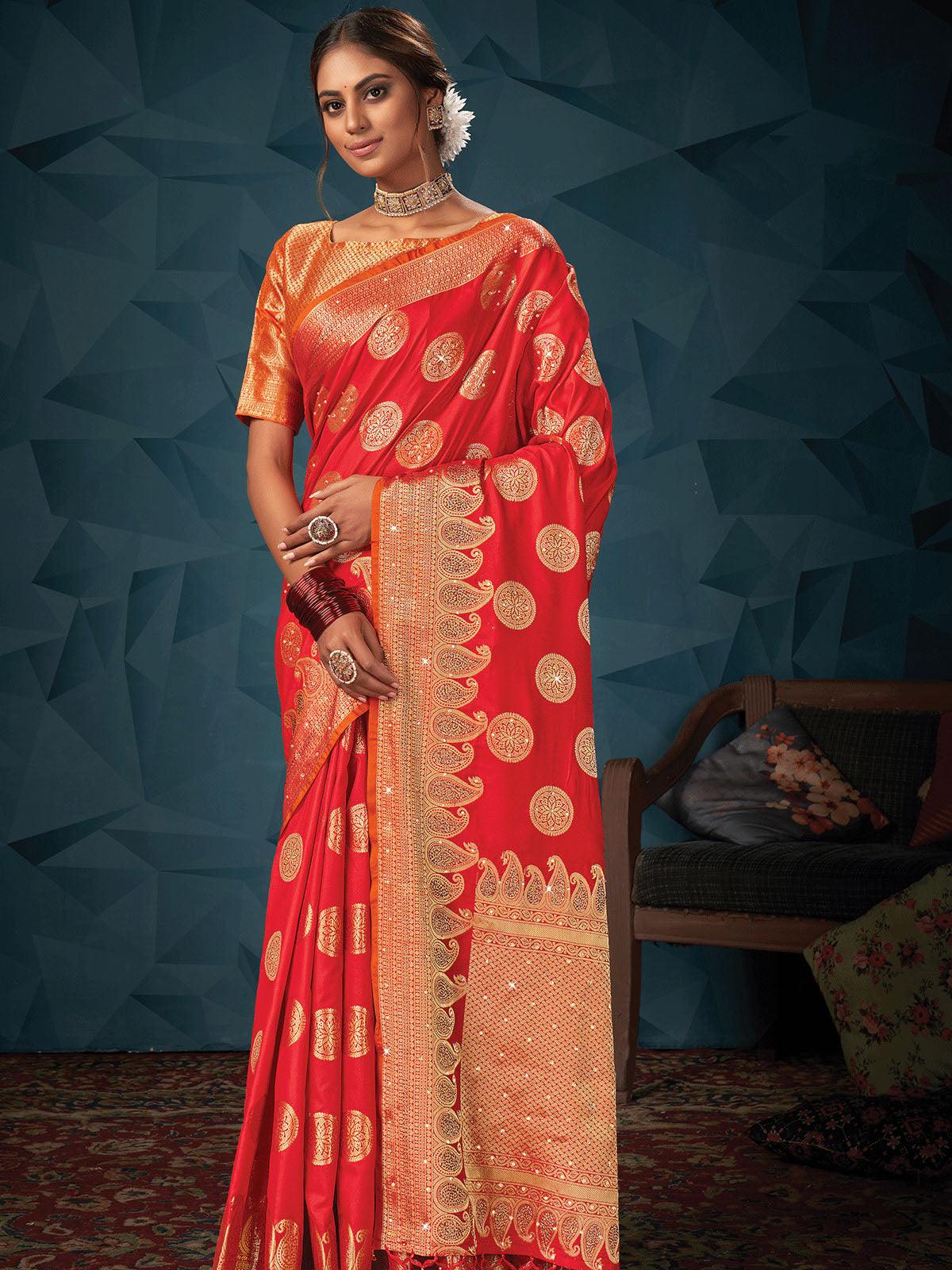 Women's Red Silk Weave Designer Saree - Odette
