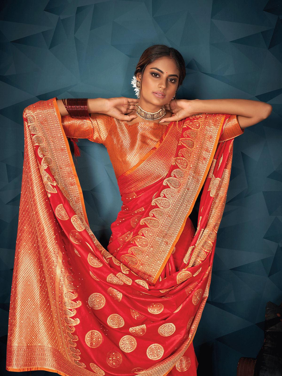 Women's Red Silk Weave Designer Saree - Odette