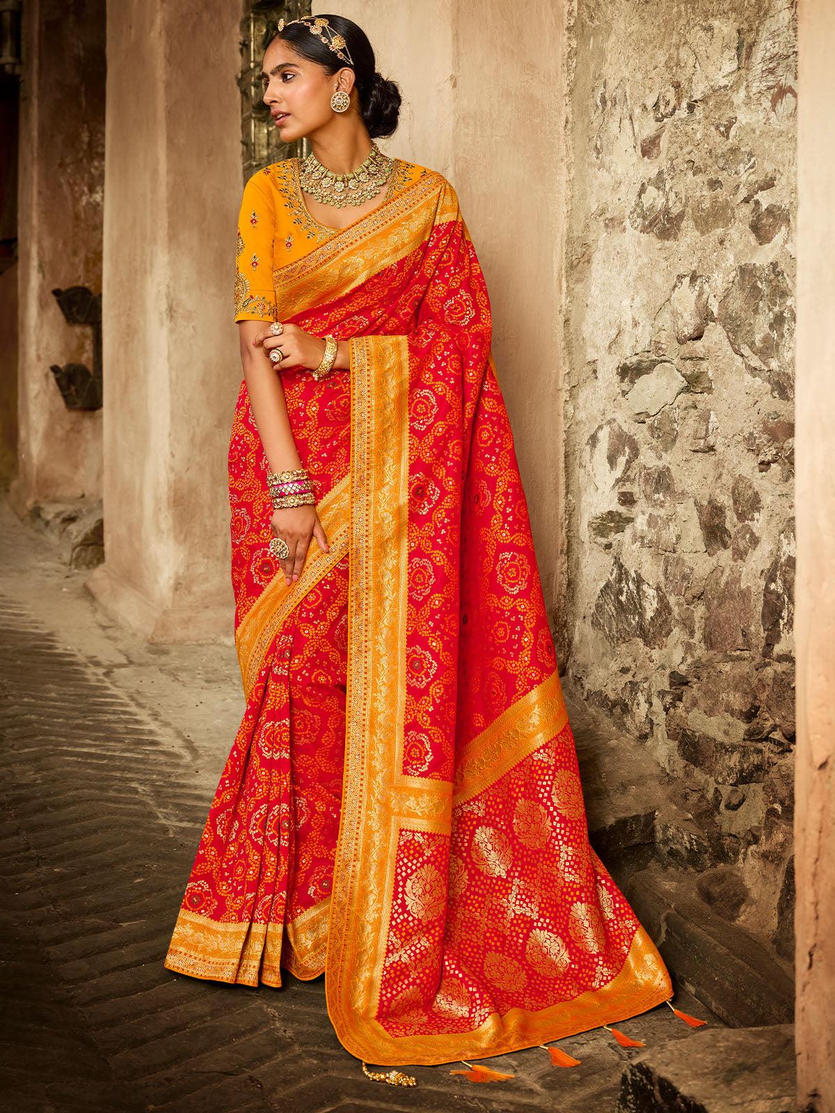 Women's Red Silk Wevon Heavy Designer Embroidery Saree - Odette