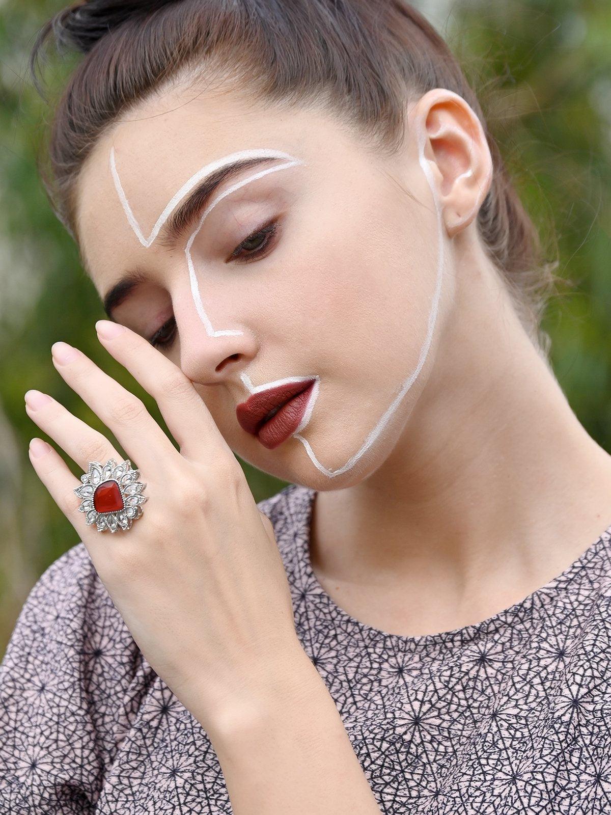 Women's Red Tear Drop Zirconia Stones Silver Ring - Odette