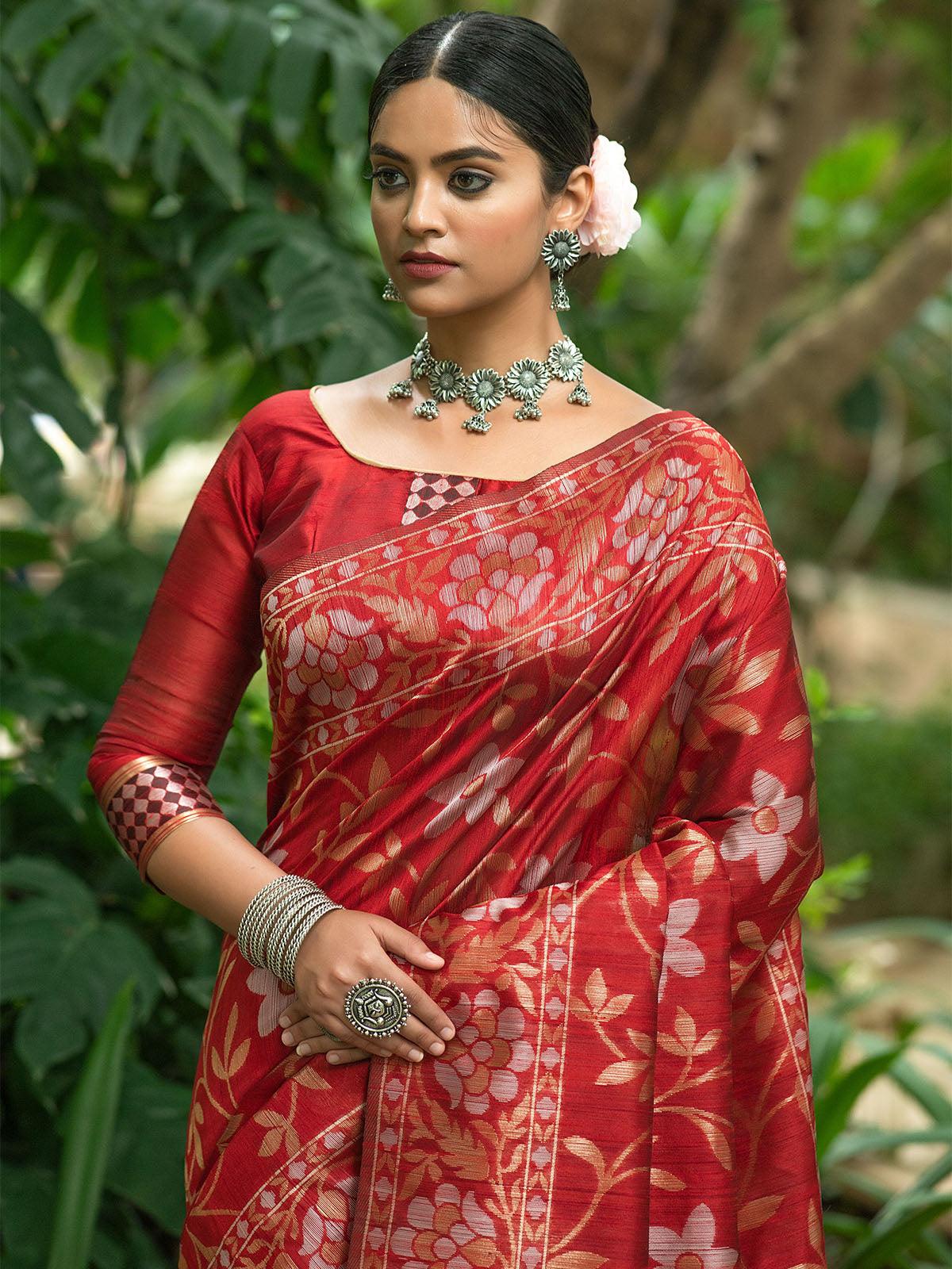 Women's Red Tussar Silk Heavy Jamdani Saree - Odette