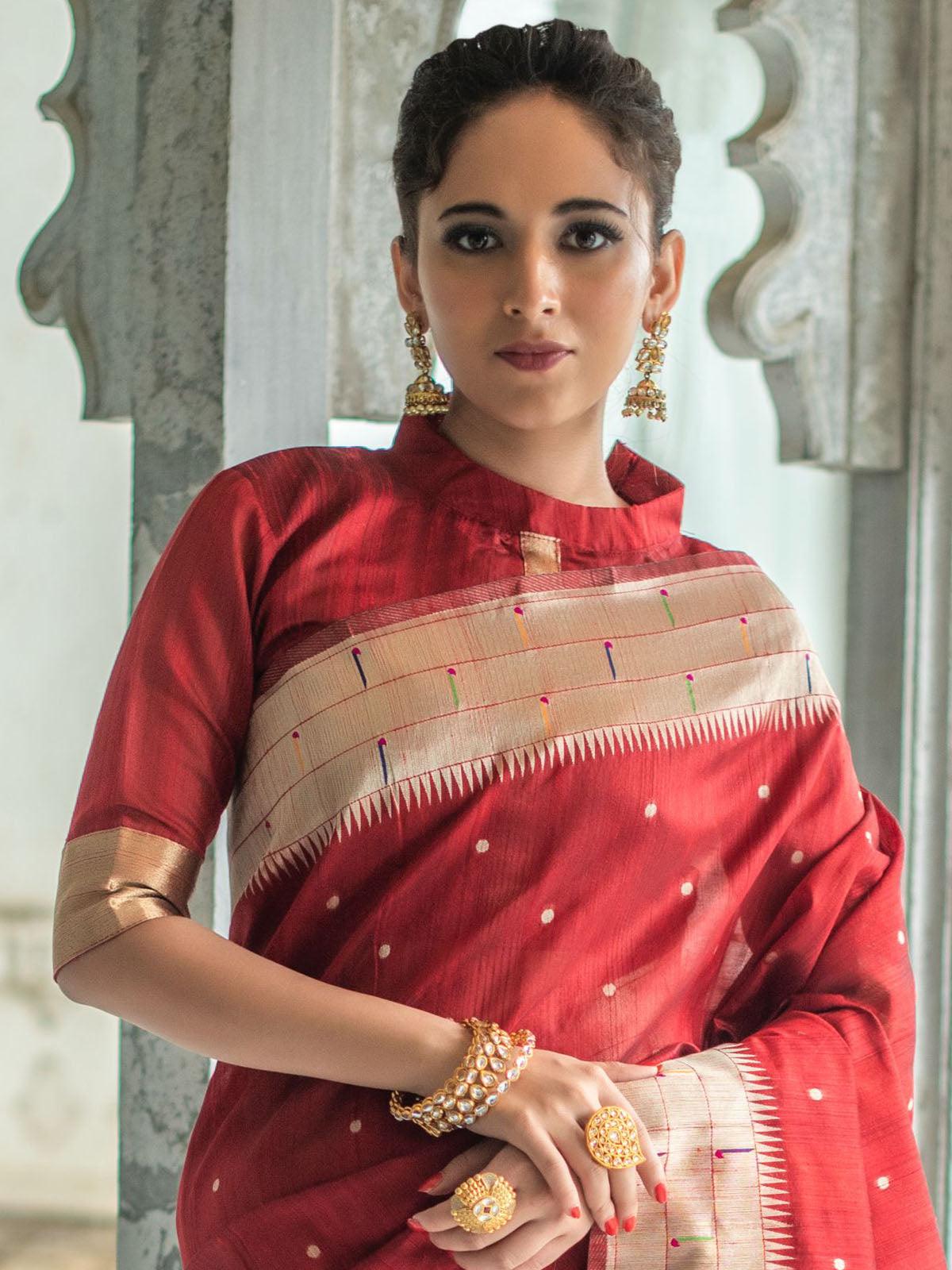 Women's Red Tussar Silk Paithani Saree - Odette