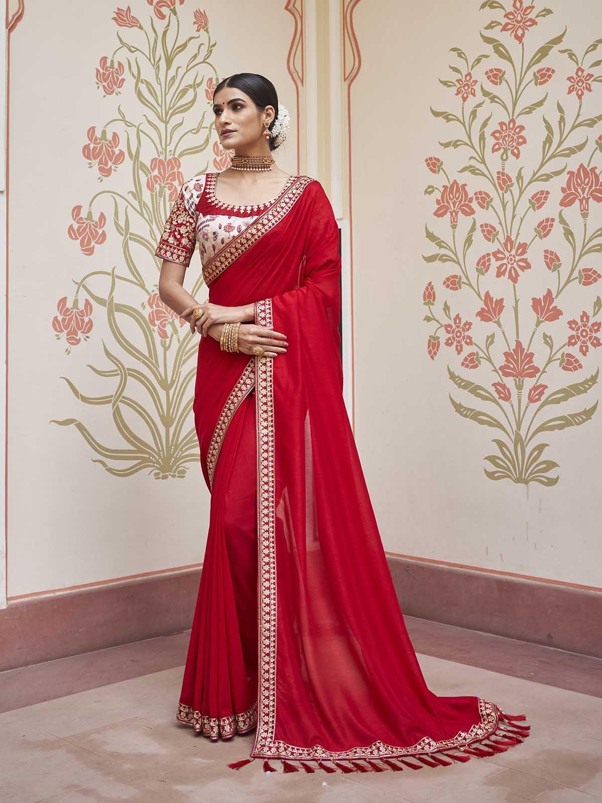 Women's Red Two Tone Vichitra Silk Embroidered Saree With Blouse - Odette