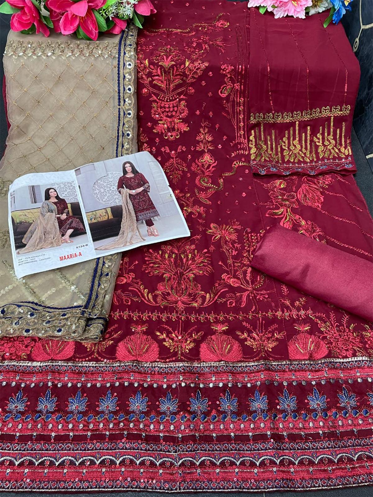 Women's Red Embroidered Salwar Suit Set - Odette