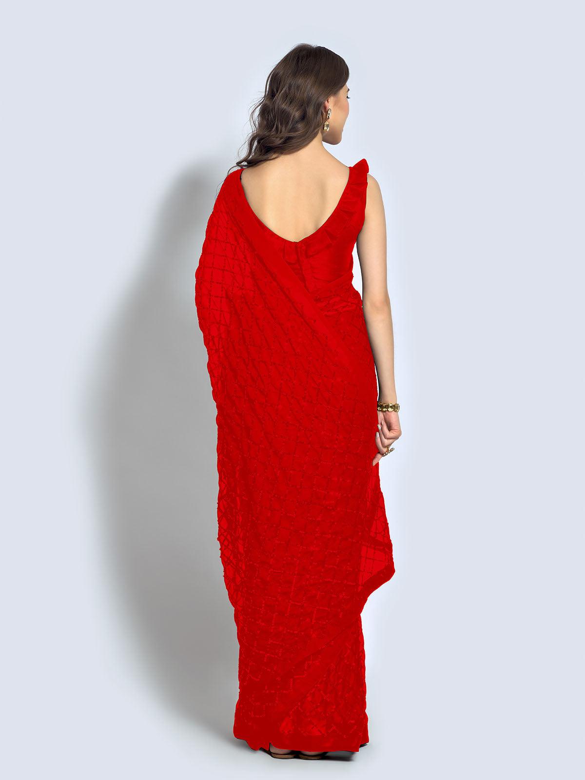 Women's Red Designer Sequince Saree - Odette