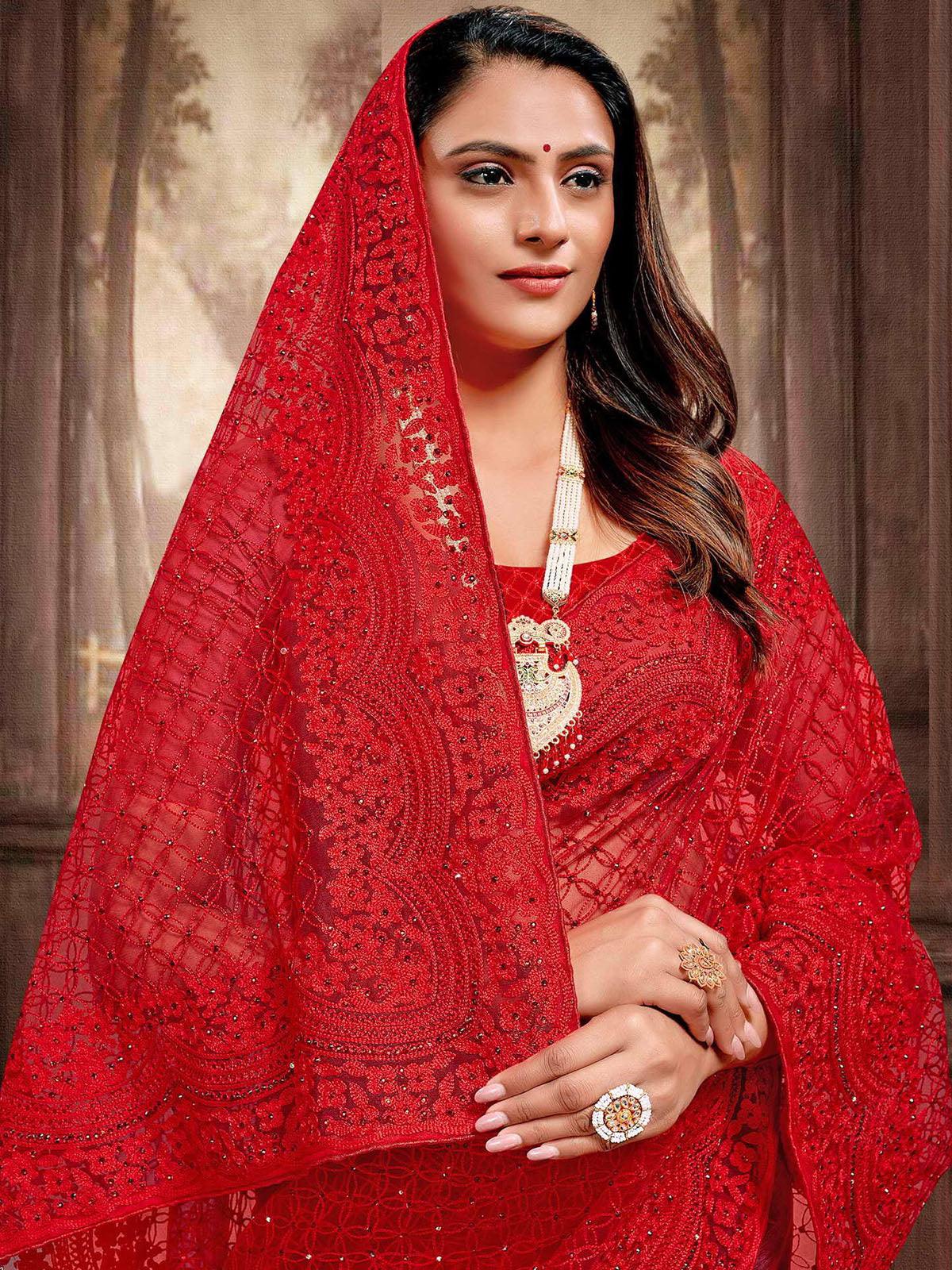 Women's Red Heavy Embroidered Net  Saree - Odette