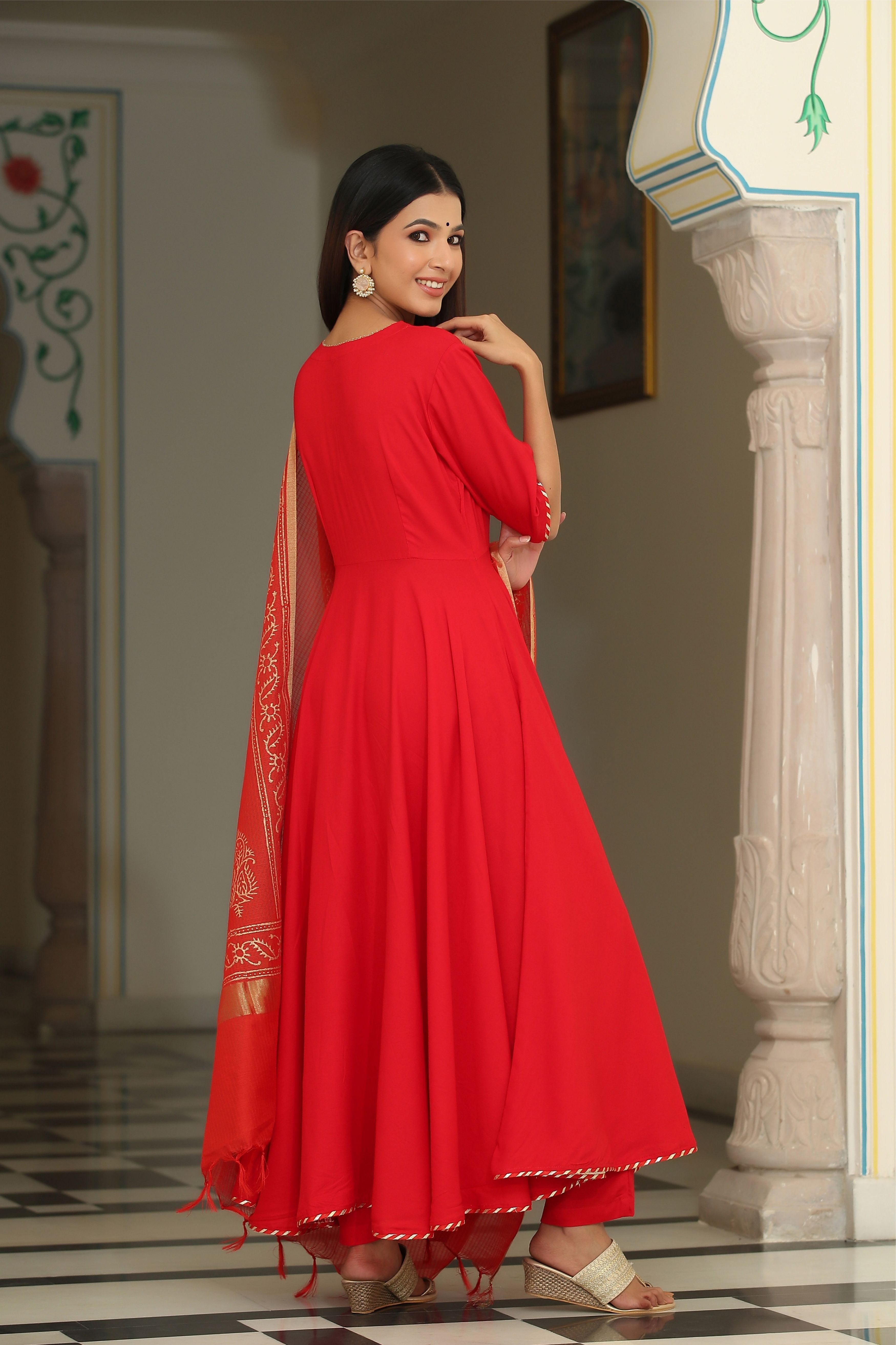 Women's  Jaipuri Rose Red Suit Set - Gillori