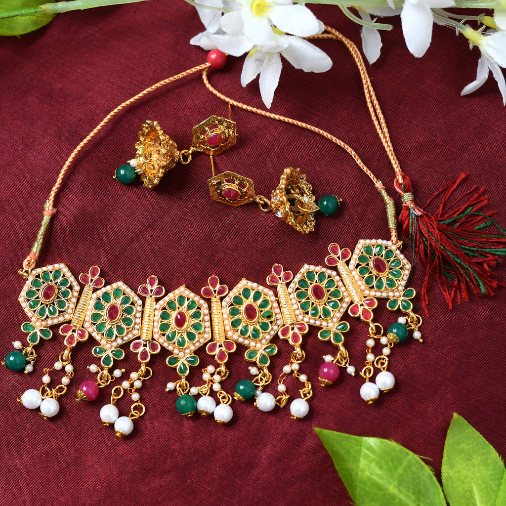 Kamal Johar Gold-Plated Chokar Jaipuri Necklace Multi color with Ear