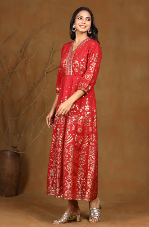 Women's Maroon Rayon Printed Anarkali Dress - Juniper