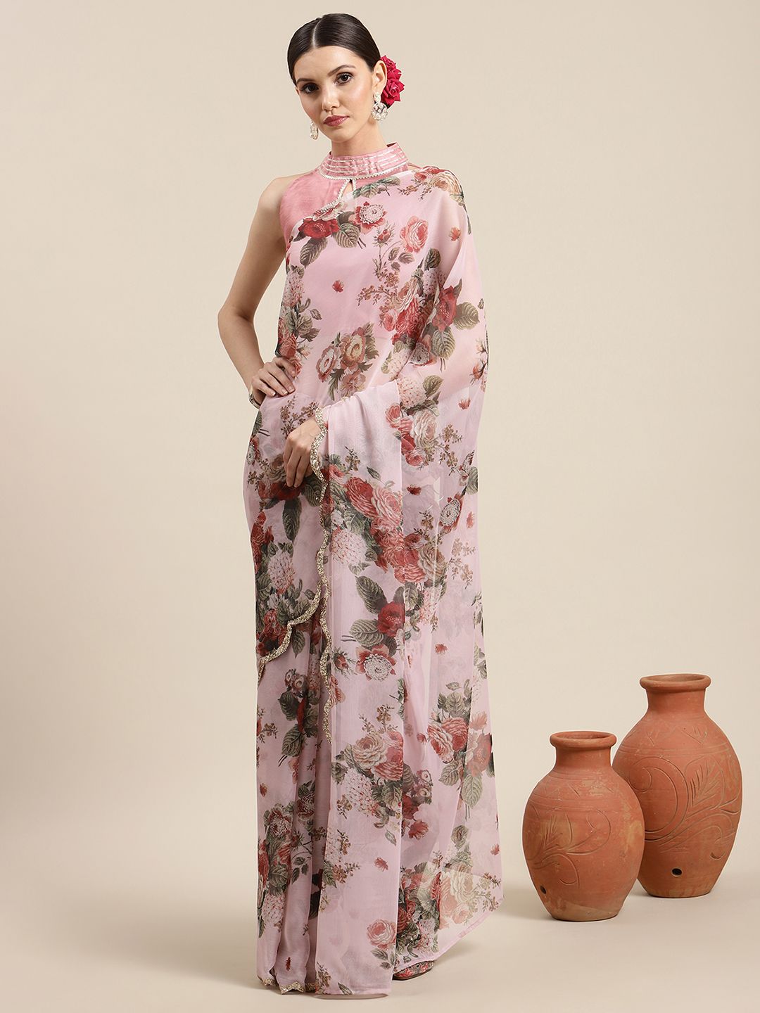 Women's Pink Chiffon Digital Print Floral Saree - Ahalyaa