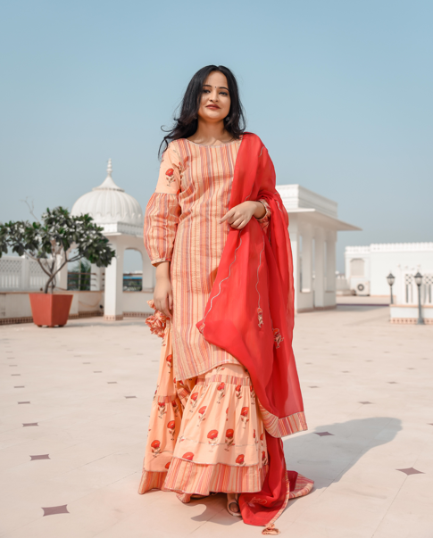 Women's Peach Fuzz Strips With Floral Boota Sarara Set - Indian Virasat