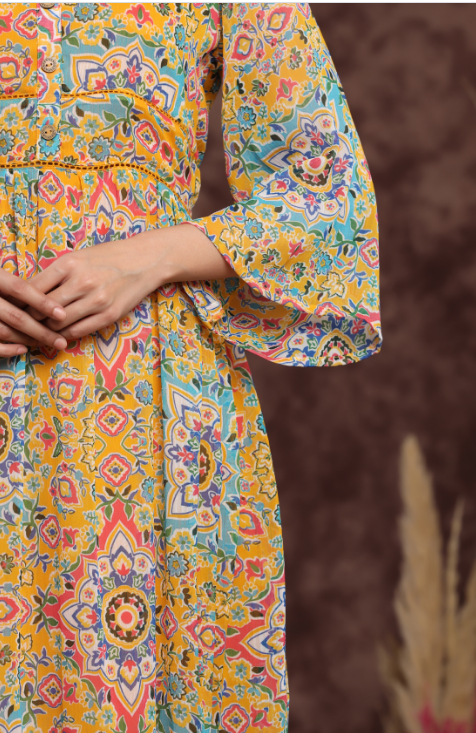 Women's Mustard Chiffon Printed Tiered Dress - Juniper