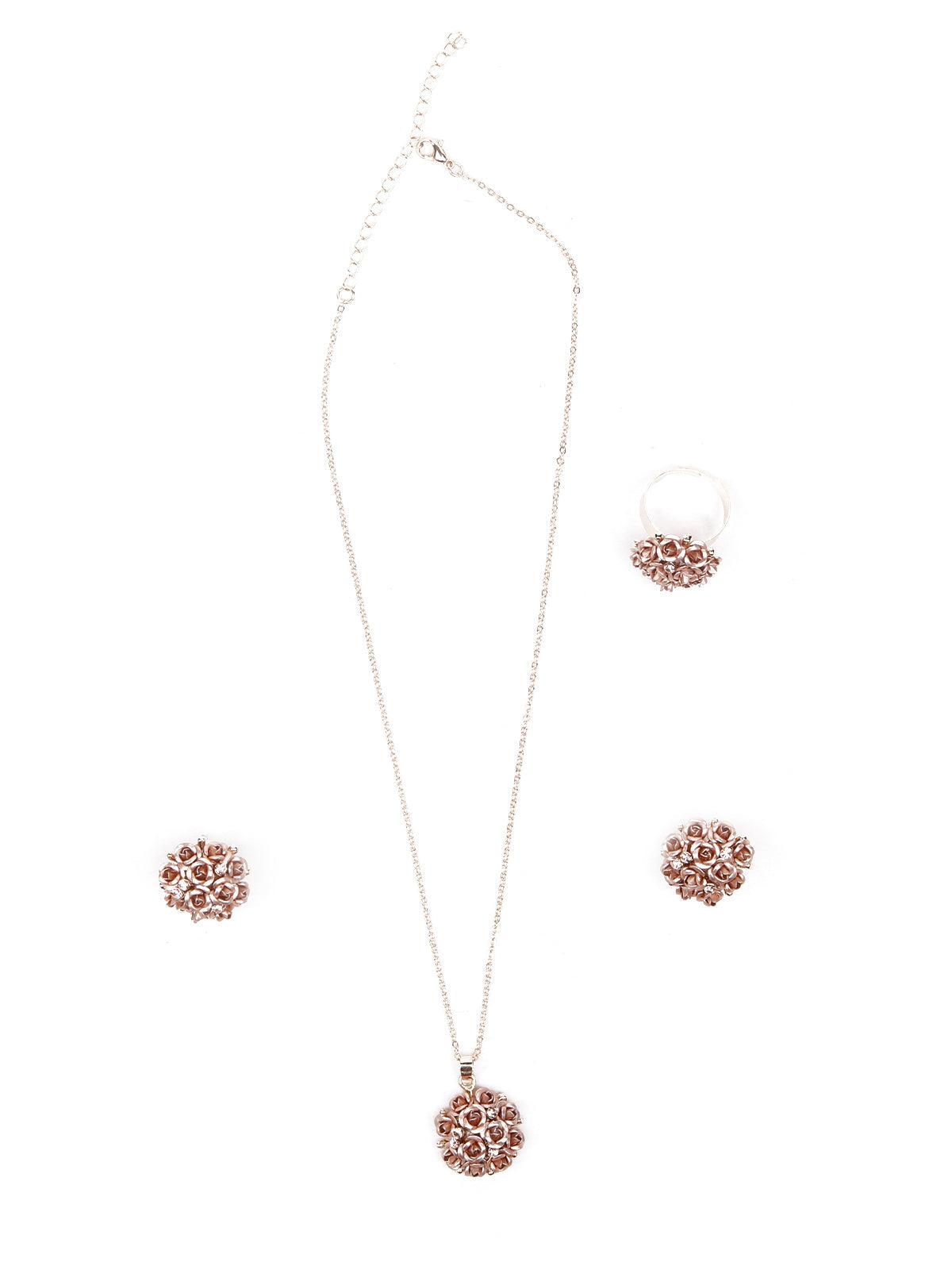 Women's Rose Gold Clustered Flowers Pendant Necklace Set - Odette