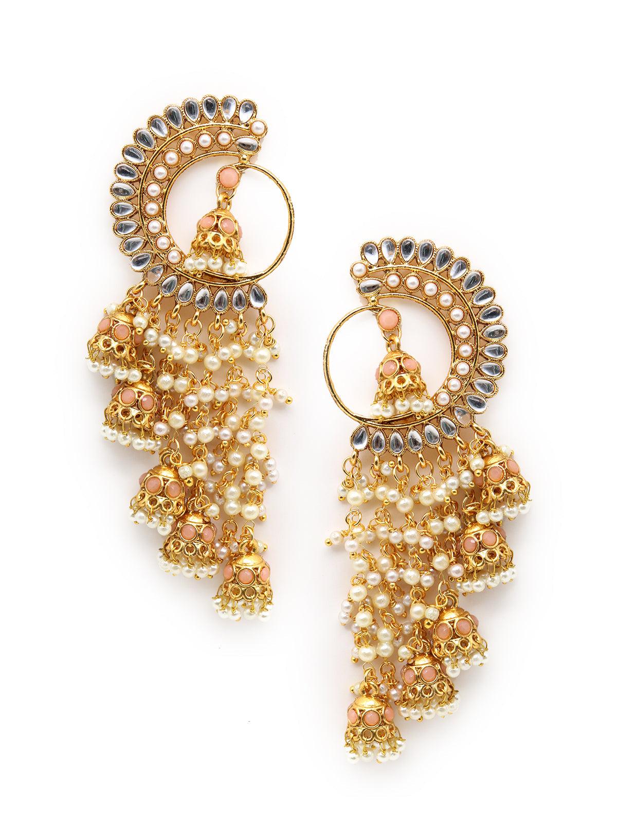 Women's Round And Half- Moon Ornate Kundan-Pearl Peach Earrings With Jhumkas - Odette