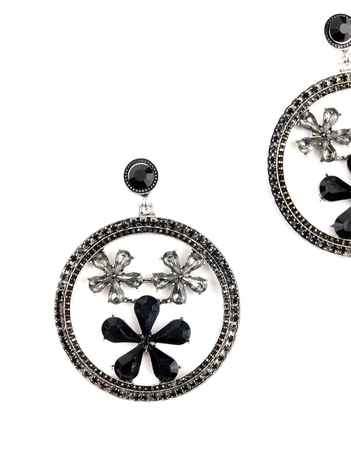 Women's Round Black Metal Black-Clear Stone-Studded Dangle Earrings - Odette
