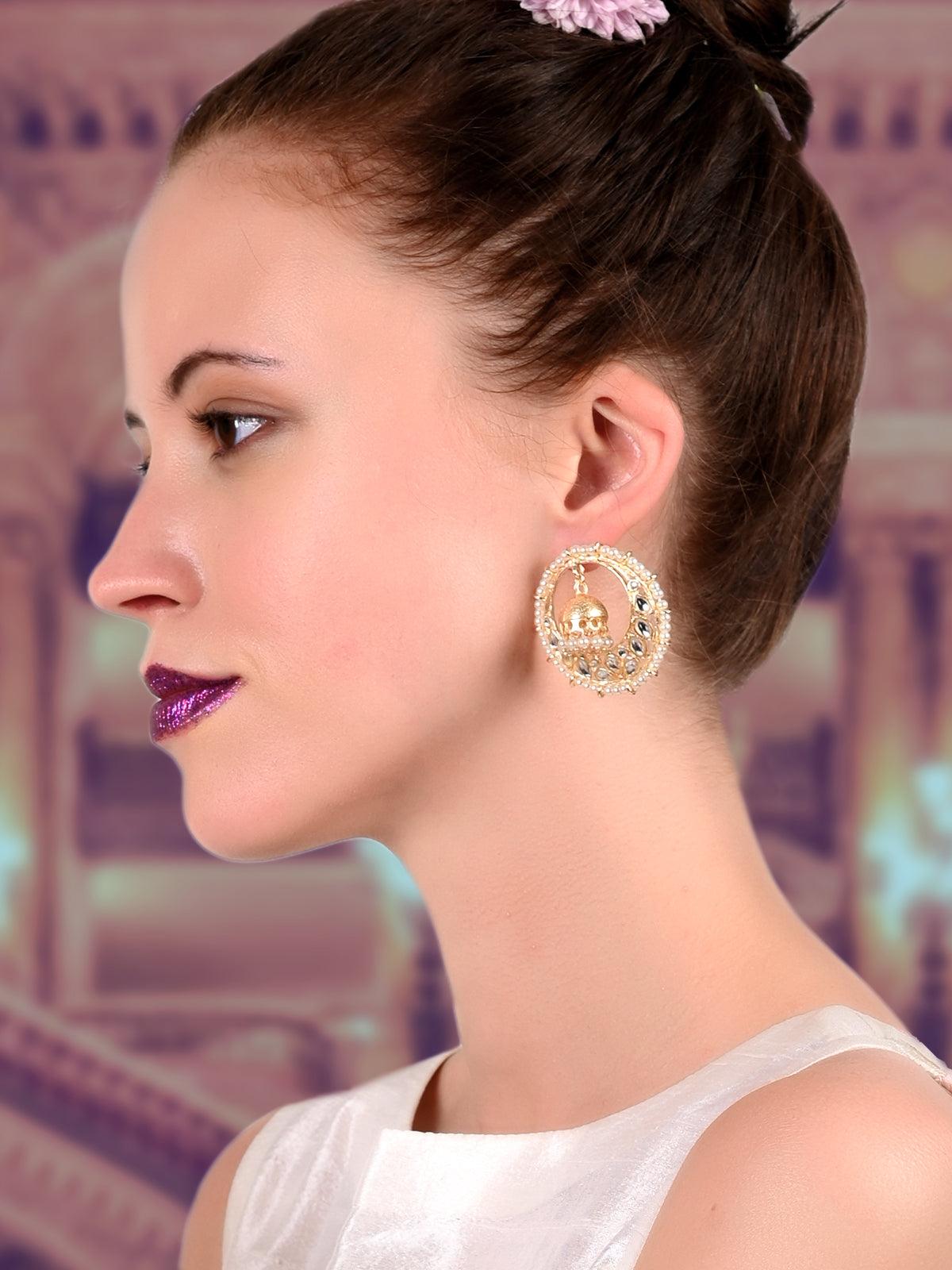 Women's Round Gold Tone Kundan And Pearl Earrings - Odette