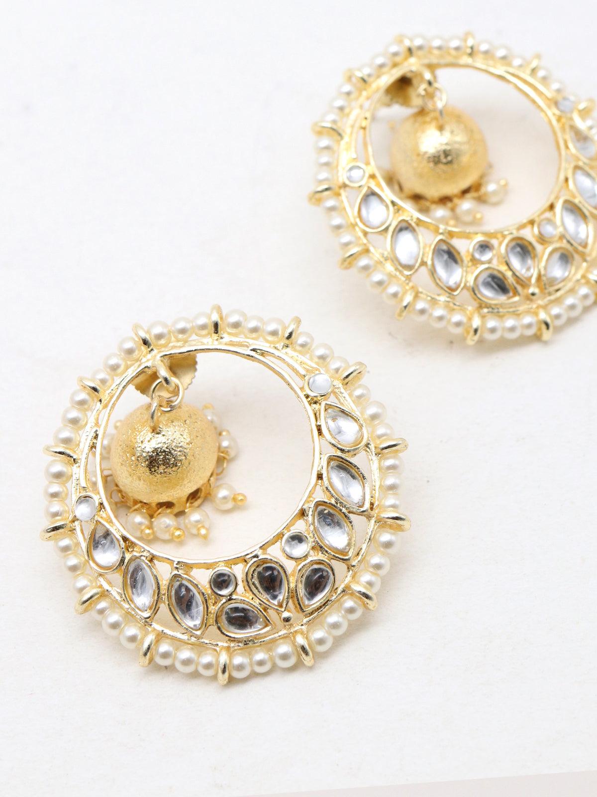 Women's Round Gold Tone Kundan And Pearl Earrings - Odette
