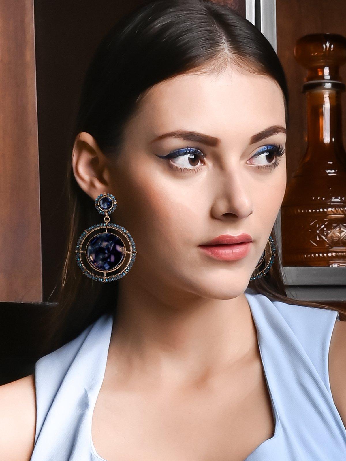 Women's Rounded Blue Embellished Earrings - Odette