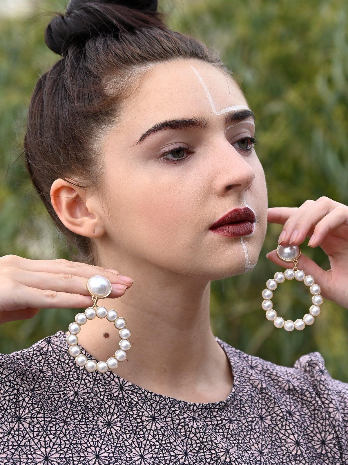 Women's Rounded Hoop Pearl Studded Earrings - Odette