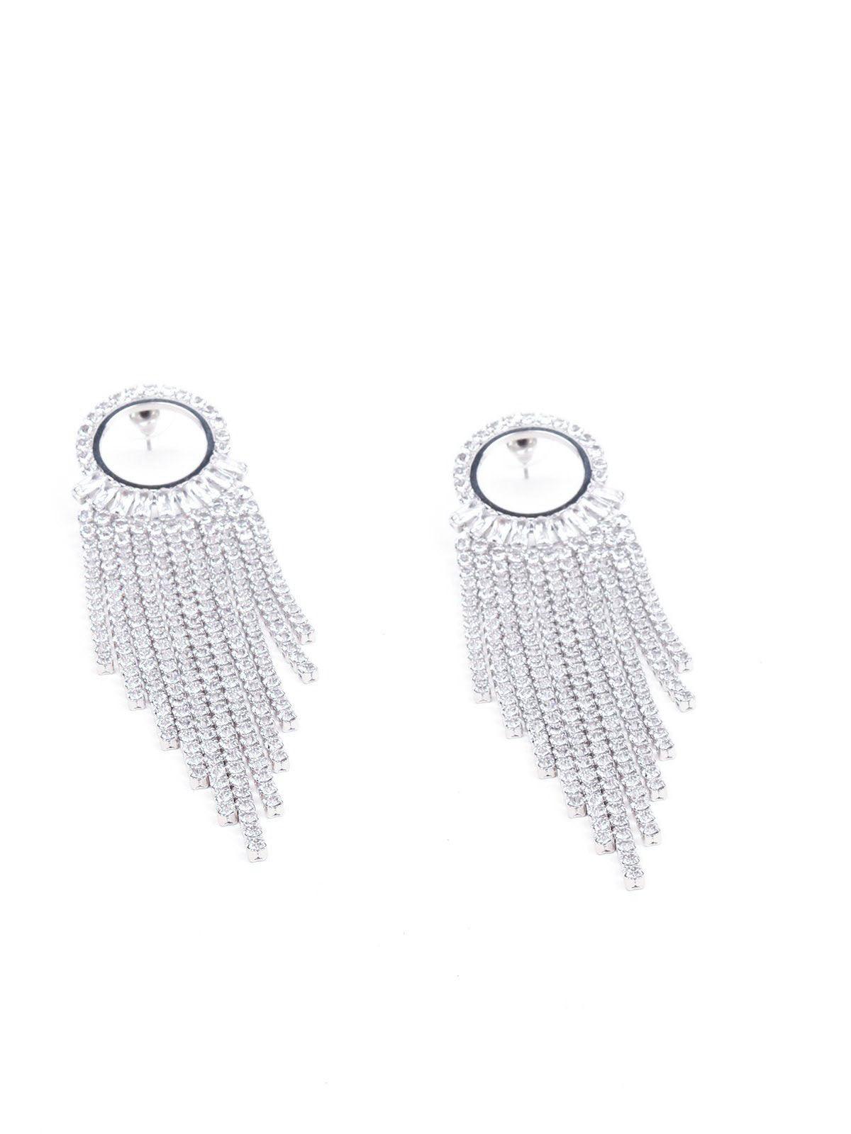 Women's Rounded Silver Crystal Tassel Drop Earrings - Odette