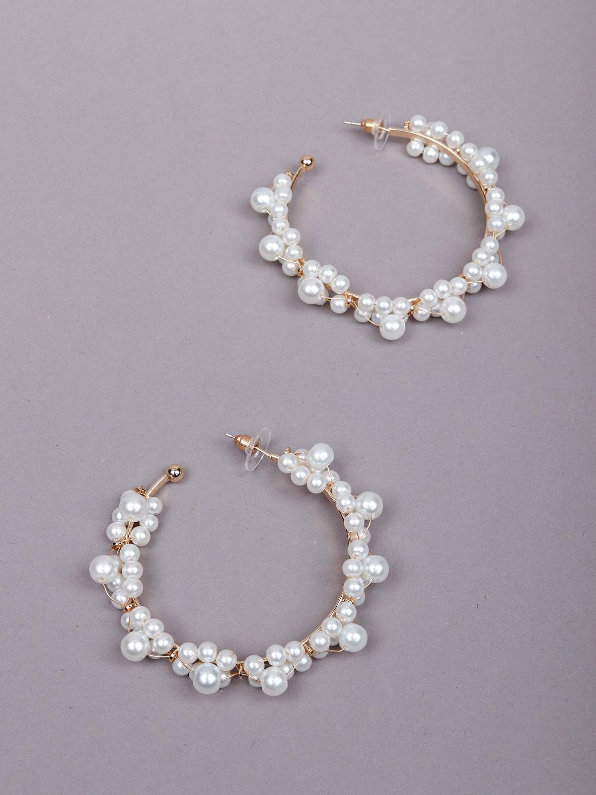 Women's Rounded White Beaded Clustered Earrings - Odette
