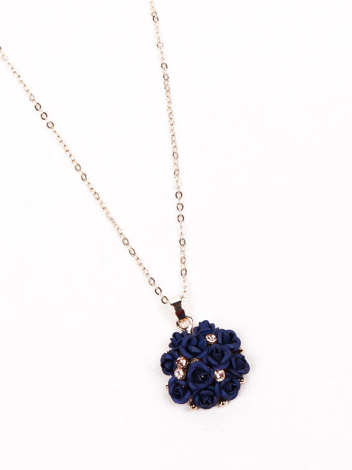 Women's Royal Blue Floral Pendant Necklace Set - Odette