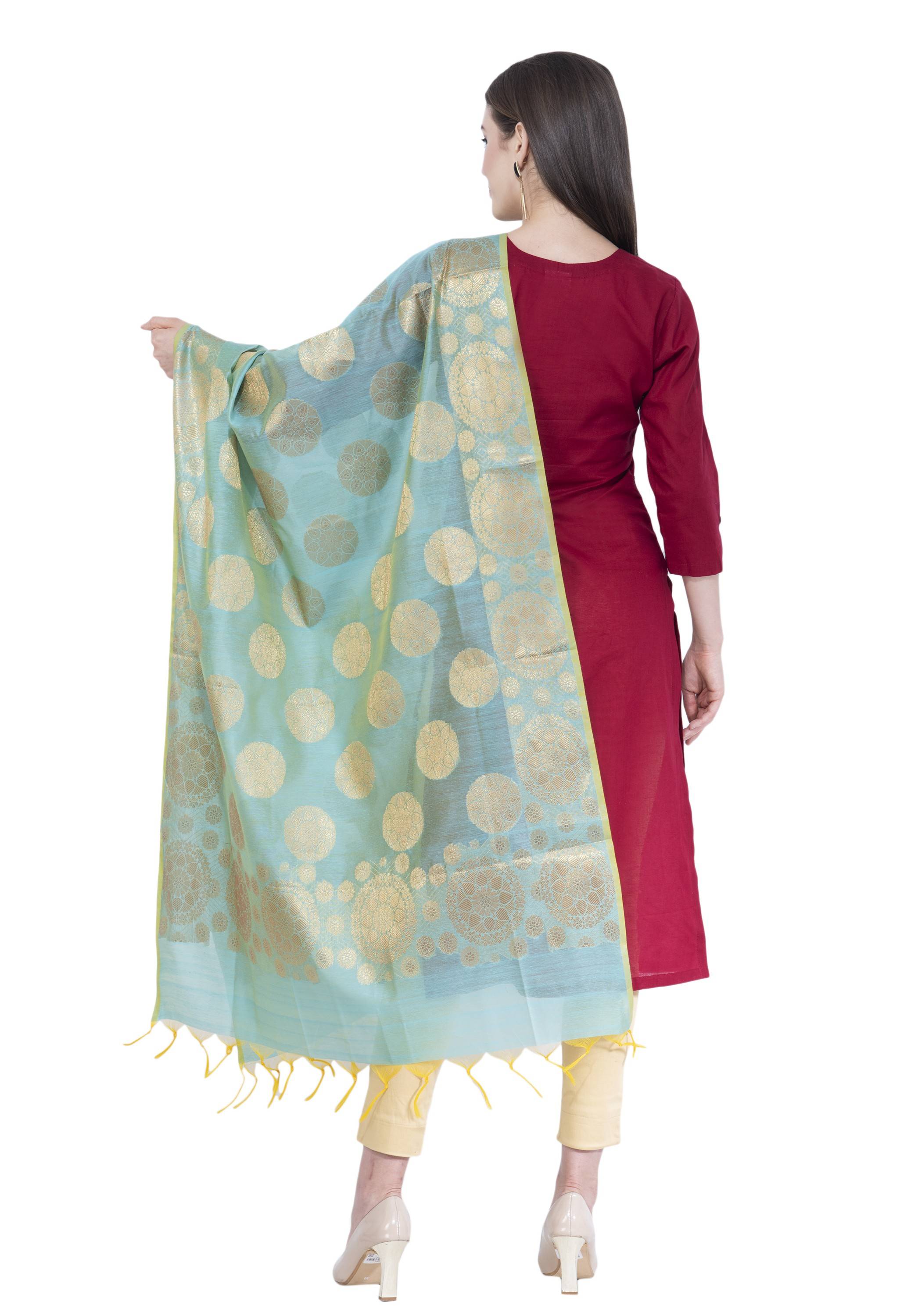 A R Silk Women's Zari Embroidery Chanderi Cotton Firozi Dupattas and Chunnis