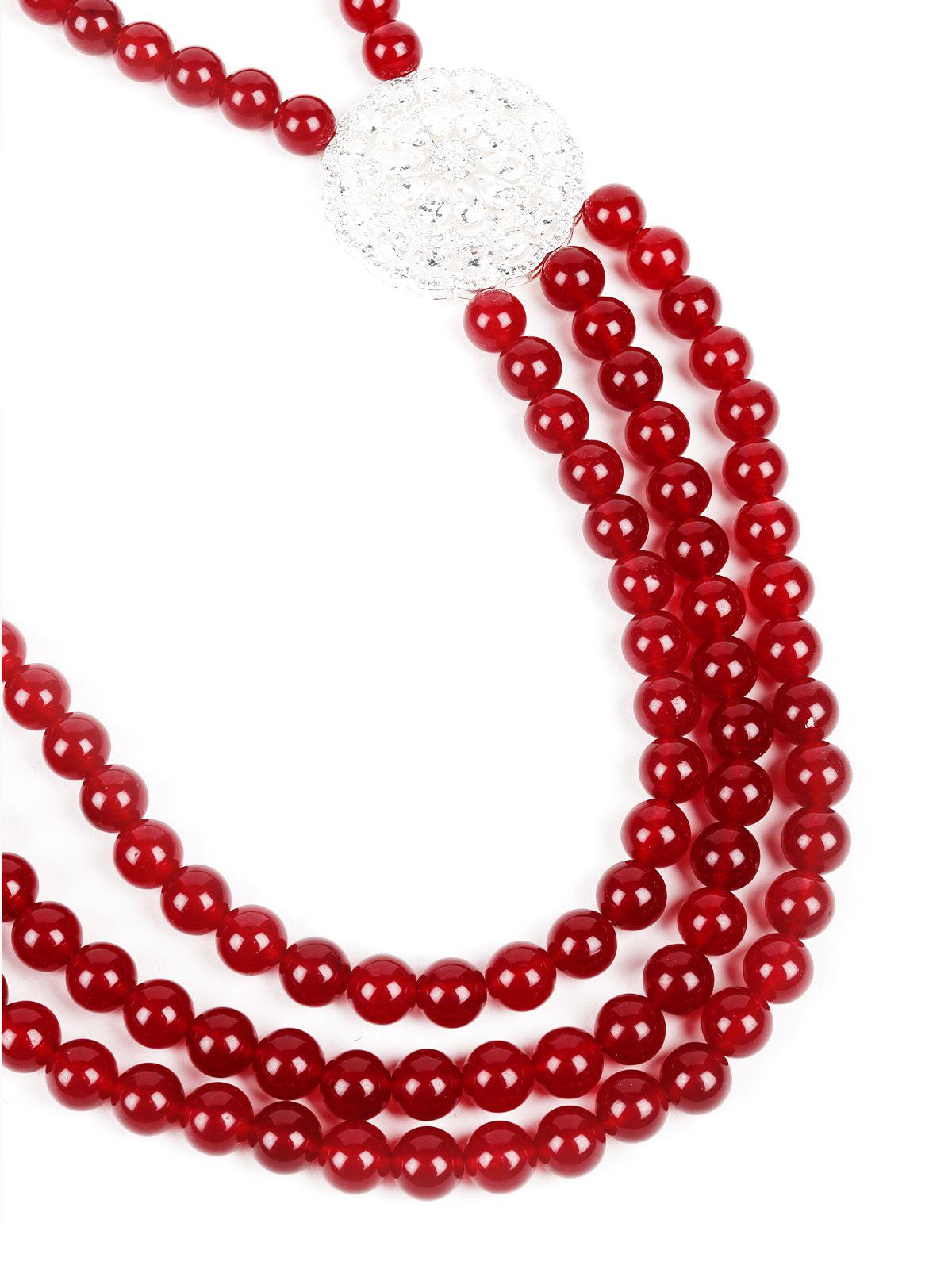 Women's Ruby Onyx Beads Loop Necklace Set With Silver Embellishments - Odette