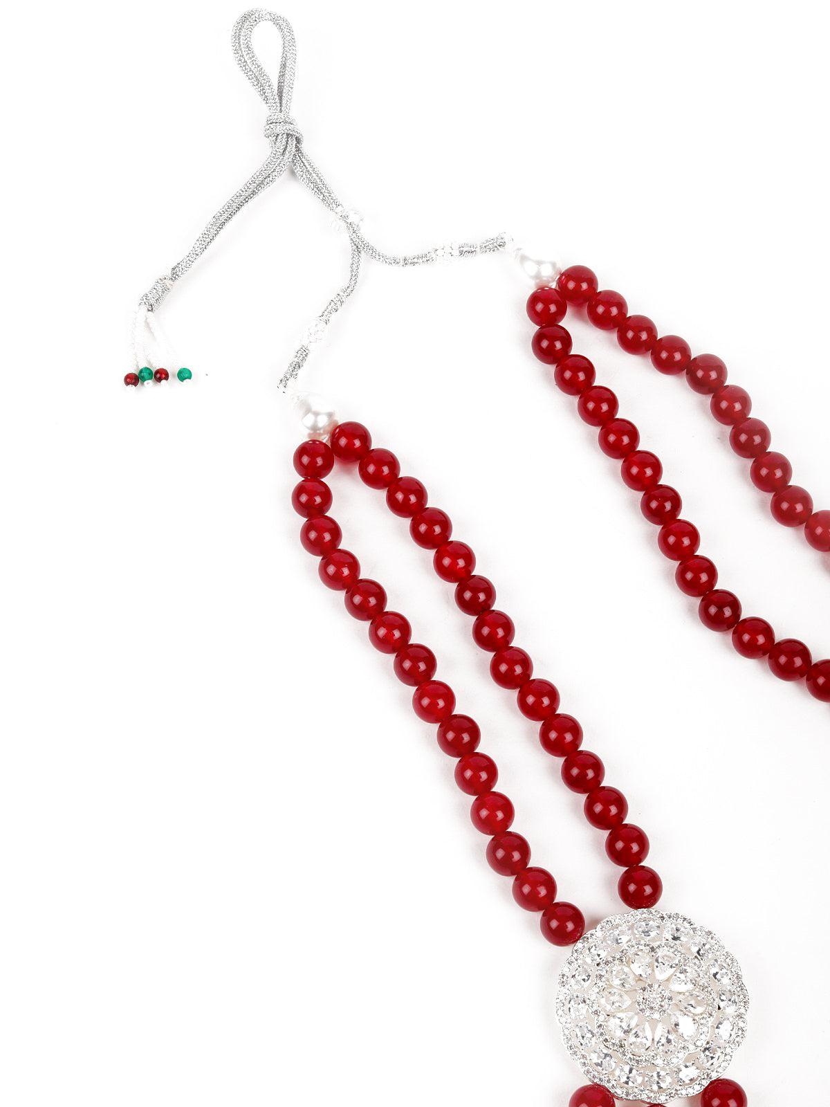 Women's Ruby Onyx Beads Loop Necklace Set With Silver Embellishments - Odette