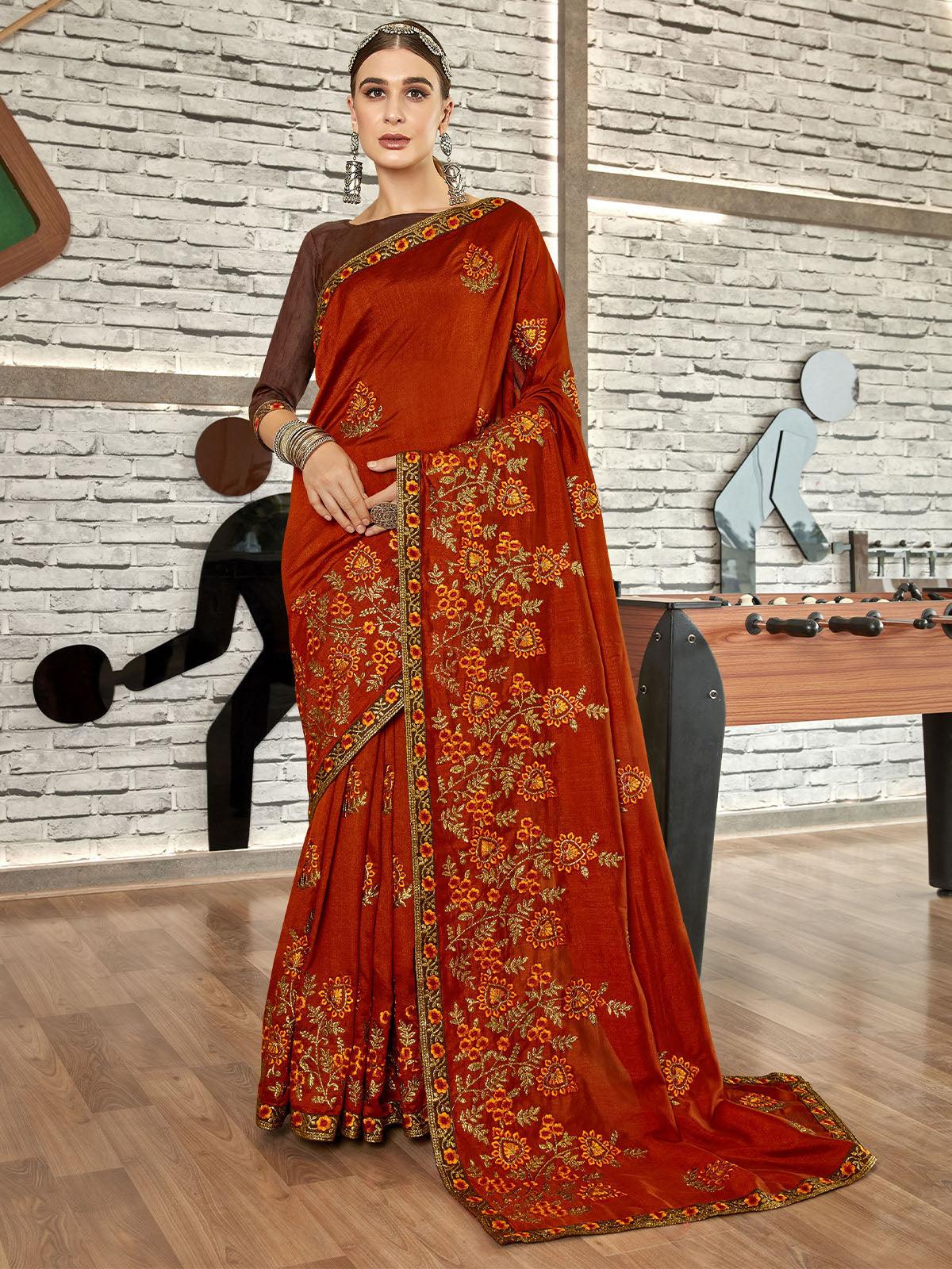 Women's Rust Designer Thread Embroidered Saree - Odette