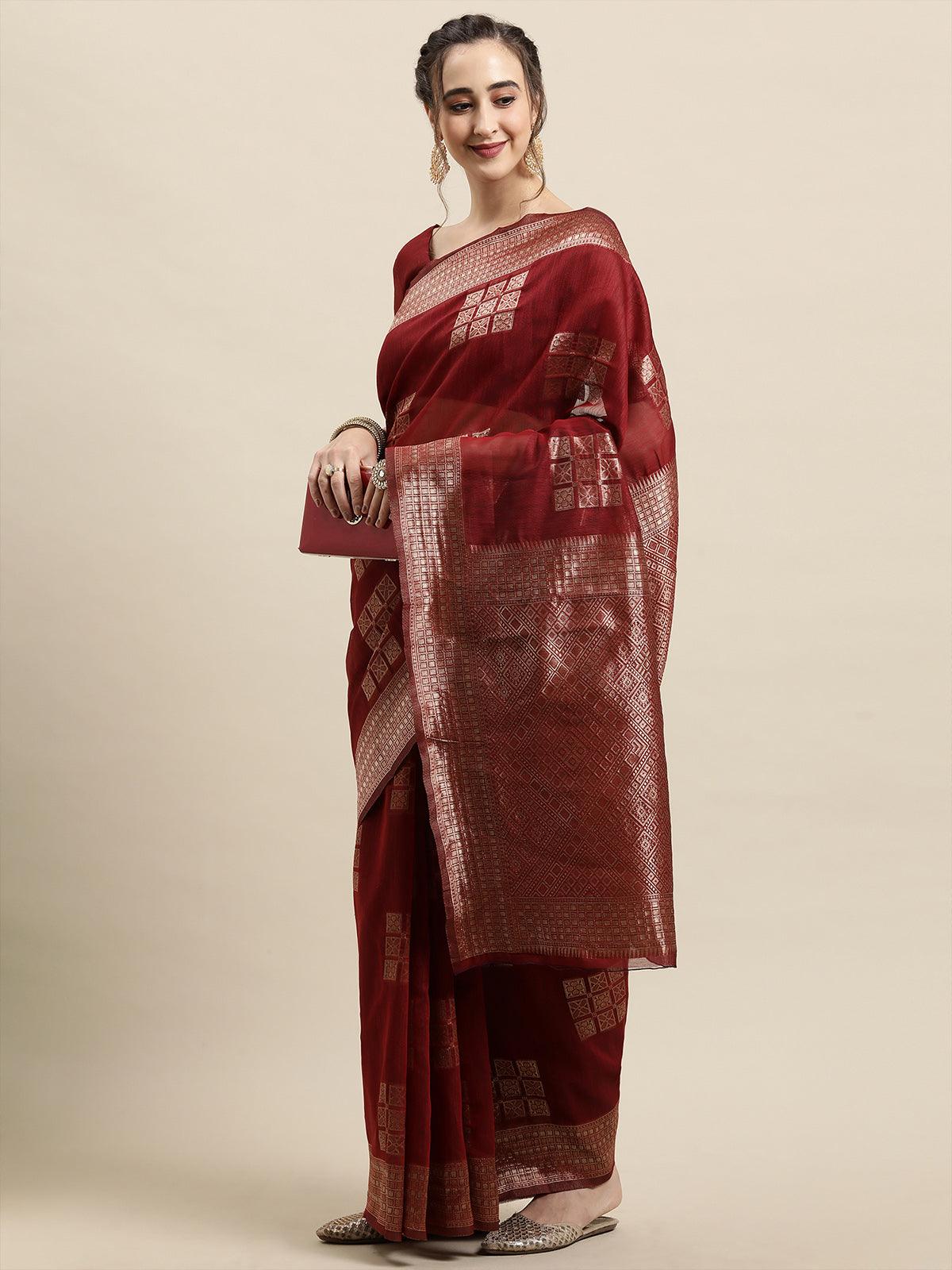 Women's Rust Festive Linen Woven Design Saree With Unstitched Blouse - Odette