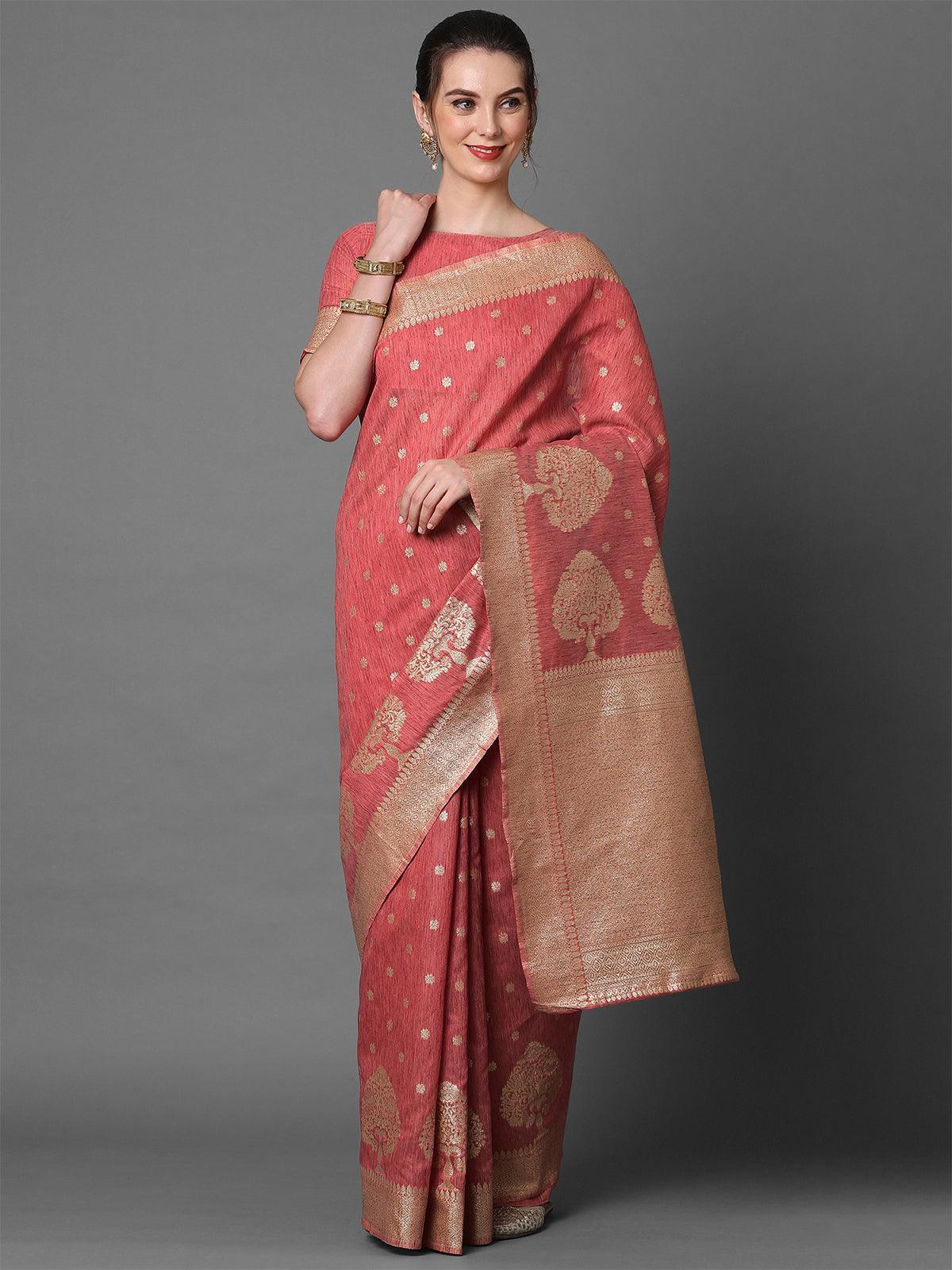 Women's Rust Festive Silk Blend Woven Design Saree With Unstitched Blouse - Odette