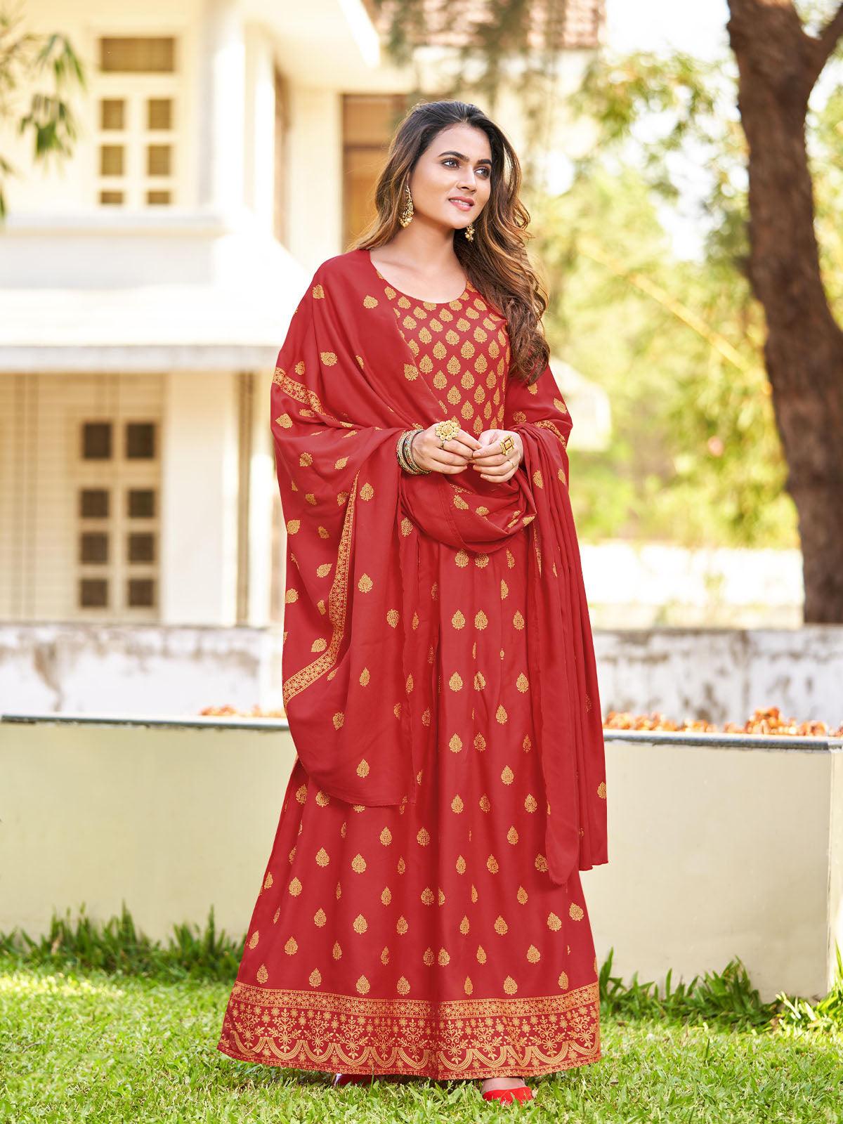Women's Rust Gorgeous Long Gown With Dupatta - Odette