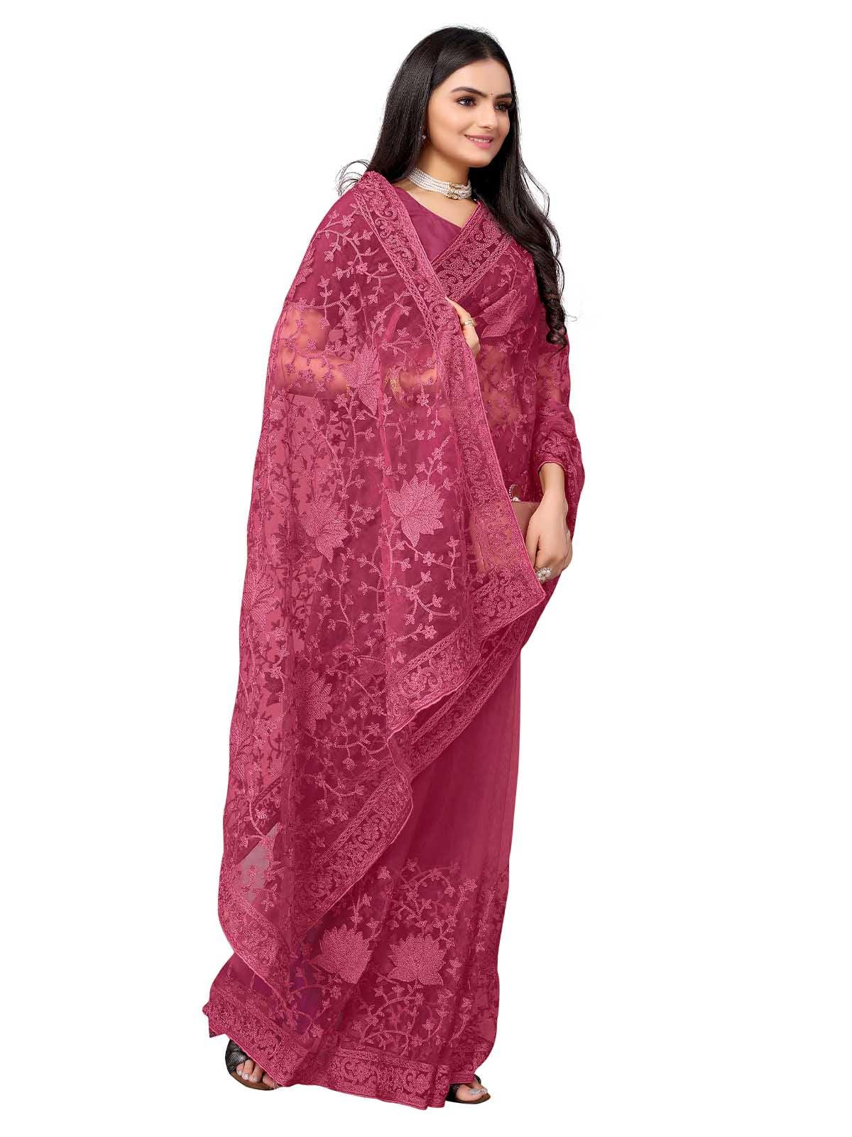 Women's Rust Red Net Embroidered Saree With Blouse - Odette